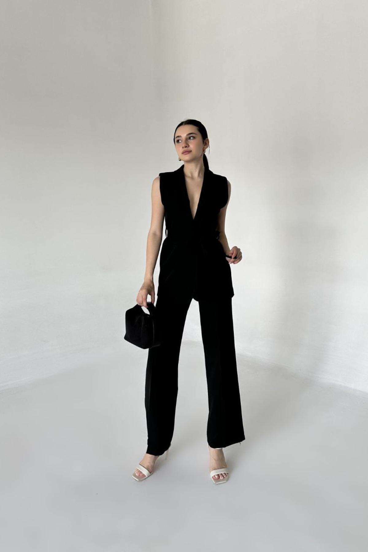 Wholesale Women Black Two Piece Suit Vest and Pants Set 737342