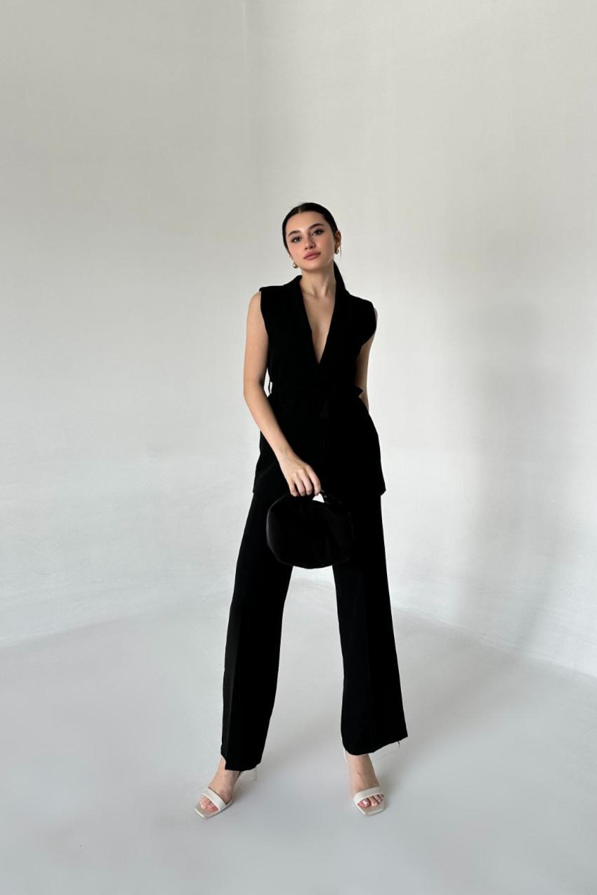 Wholesale Women Black Two Piece Suit Vest and Pants Set 737342