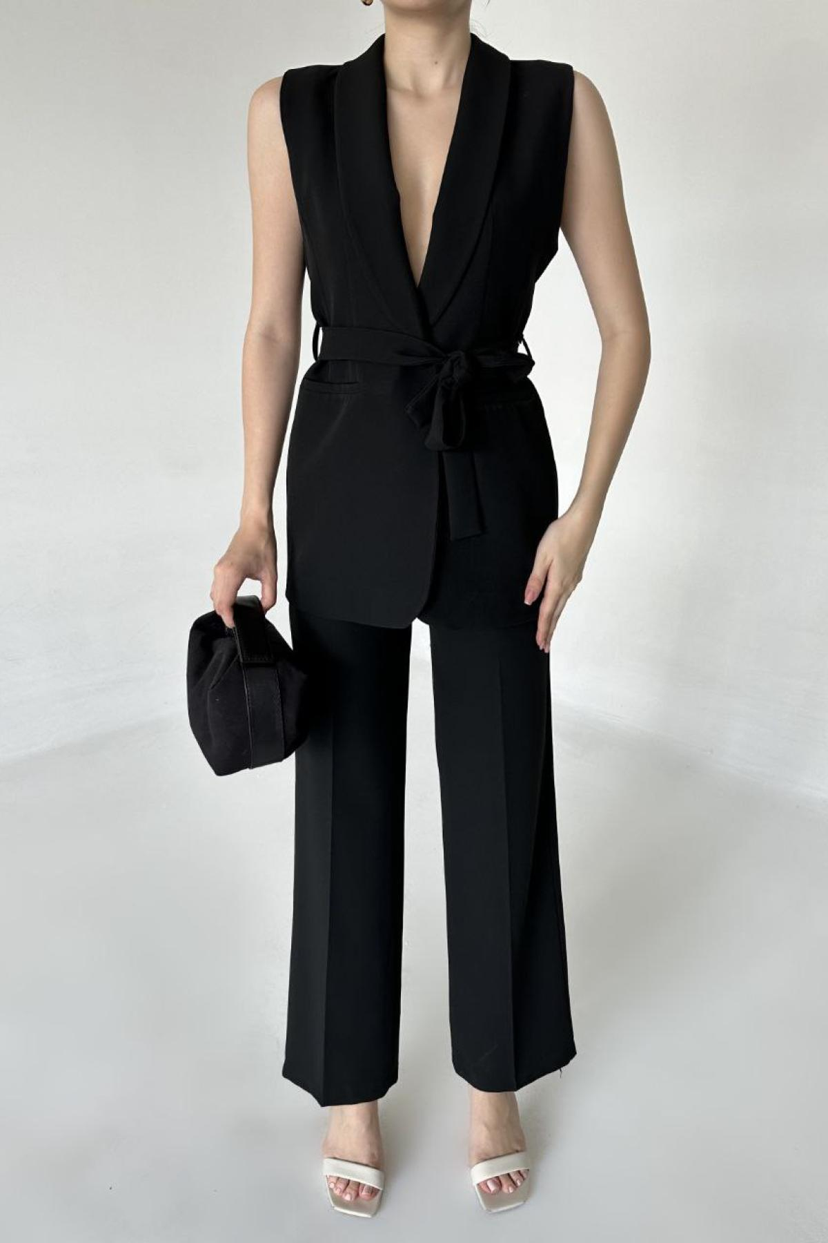 Wholesale Women Black Two Piece Suit Vest and Pants Set 737342