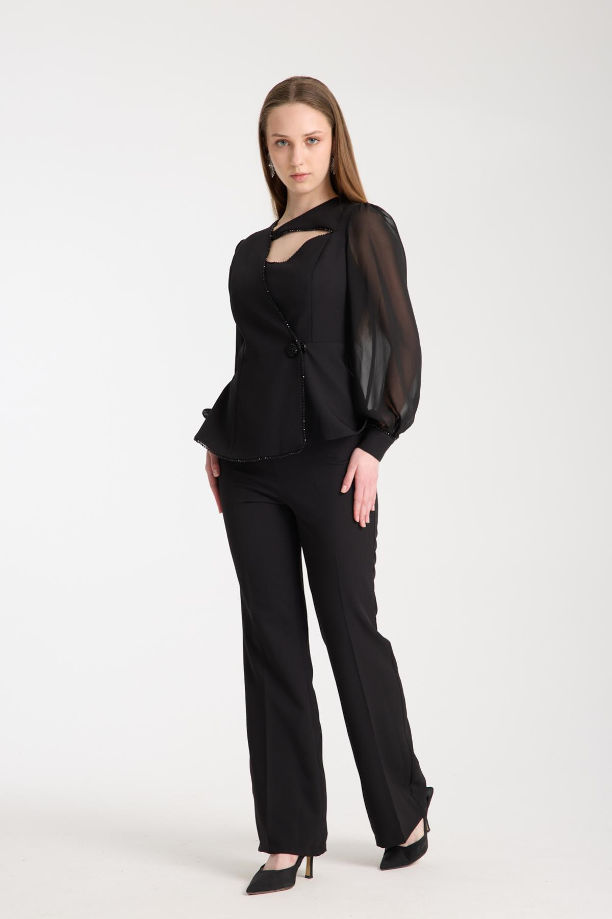 Wholesale Women Black Two-Piece Suit - Wrap Blazer with Chiffon Sleeves paired with Straight Pants 733397