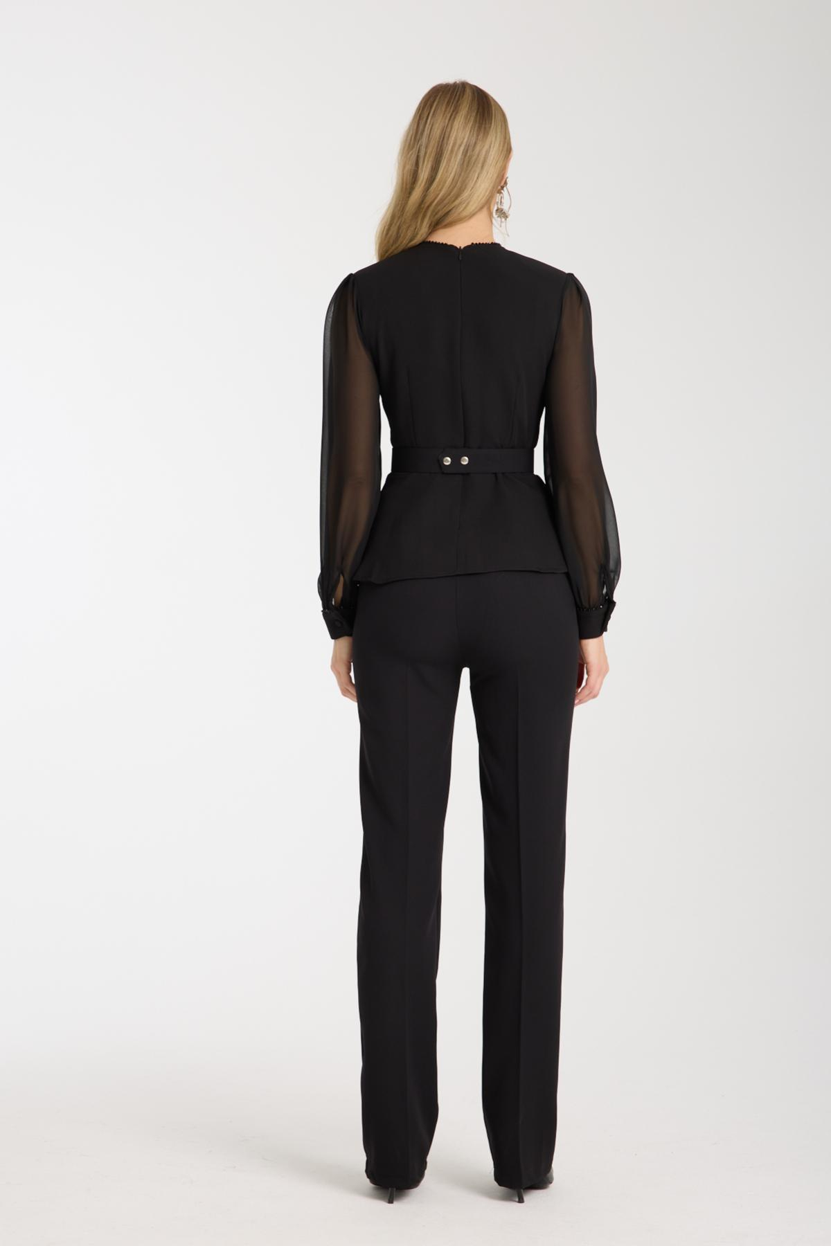 Wholesale Women Black Two-Piece Suit - Wrap Blazer with Chiffon Sleeves paired with Straight Pants 733380
