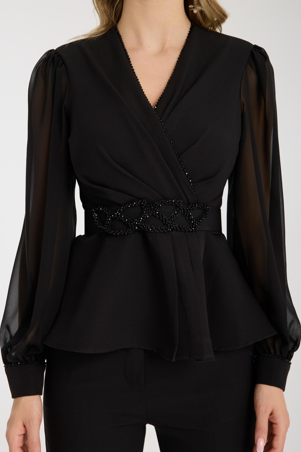 Wholesale Women Black Two-Piece Suit - Wrap Blazer with Chiffon Sleeves paired with Straight Pants 733380