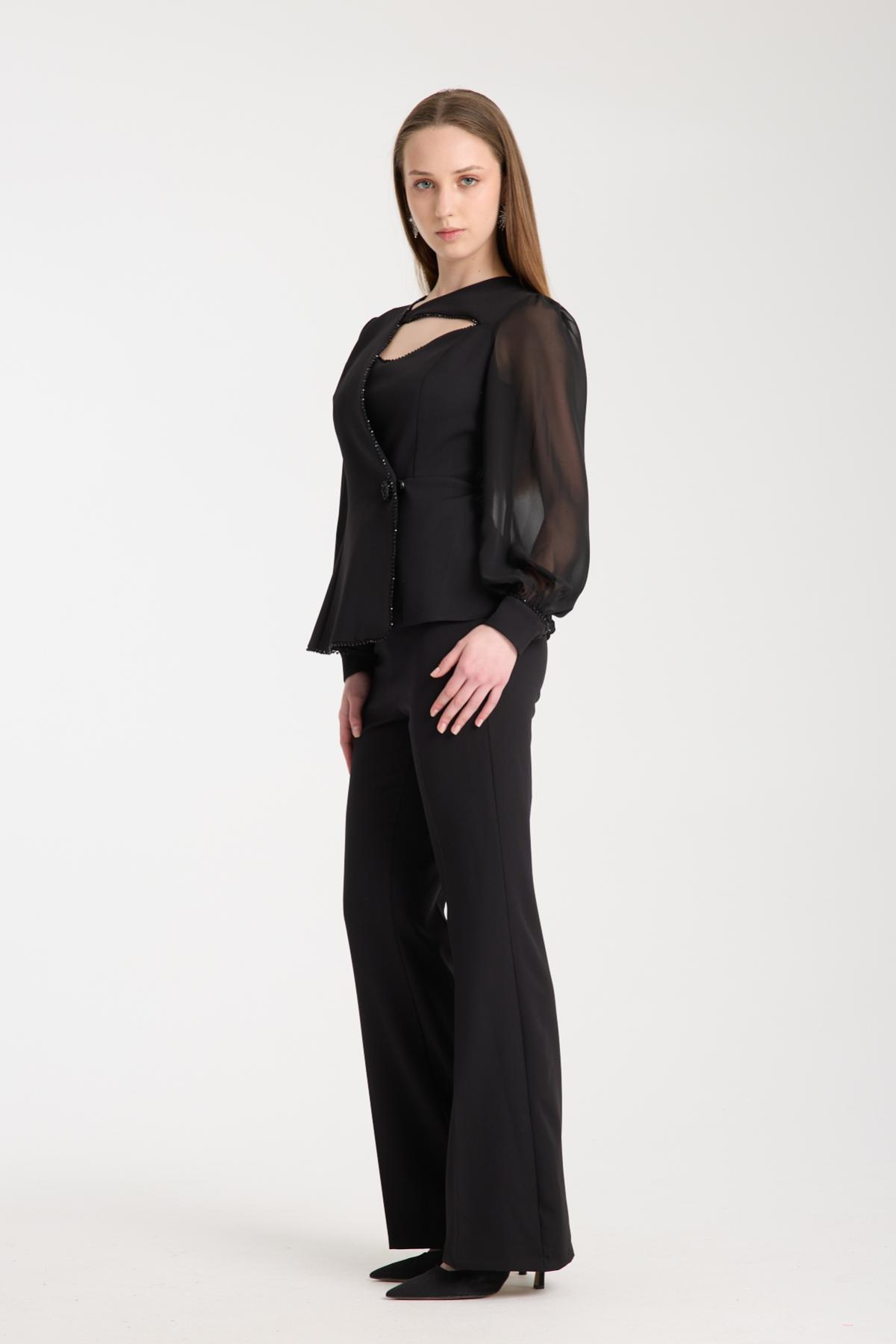 Wholesale Women Black Two-Piece Suit - Wrap Blazer with Chiffon Sleeves paired with Straight Pants 733397