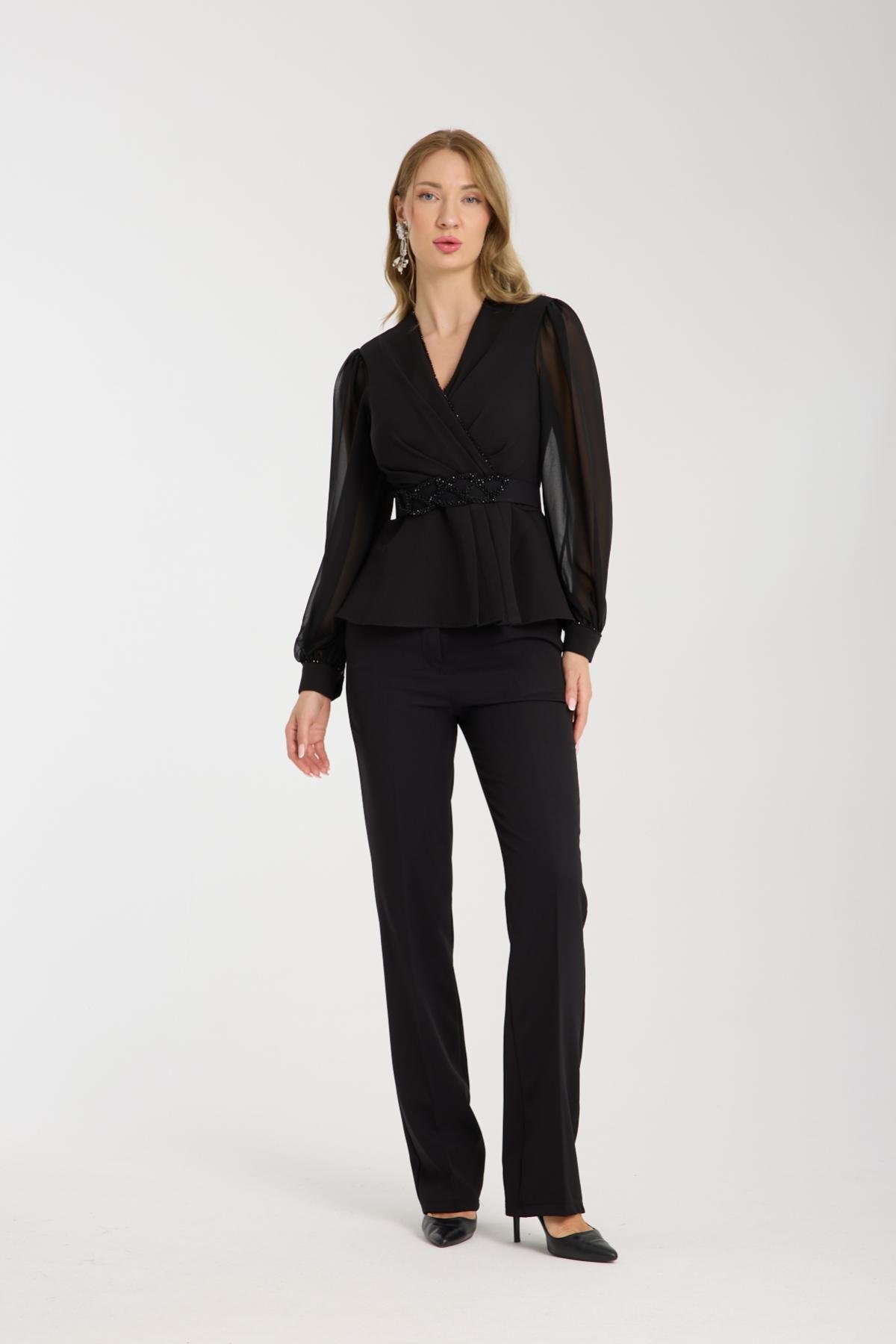 Wholesale Women Black Two-Piece Suit - Wrap Blazer with Chiffon Sleeves paired with Straight Pants 733380