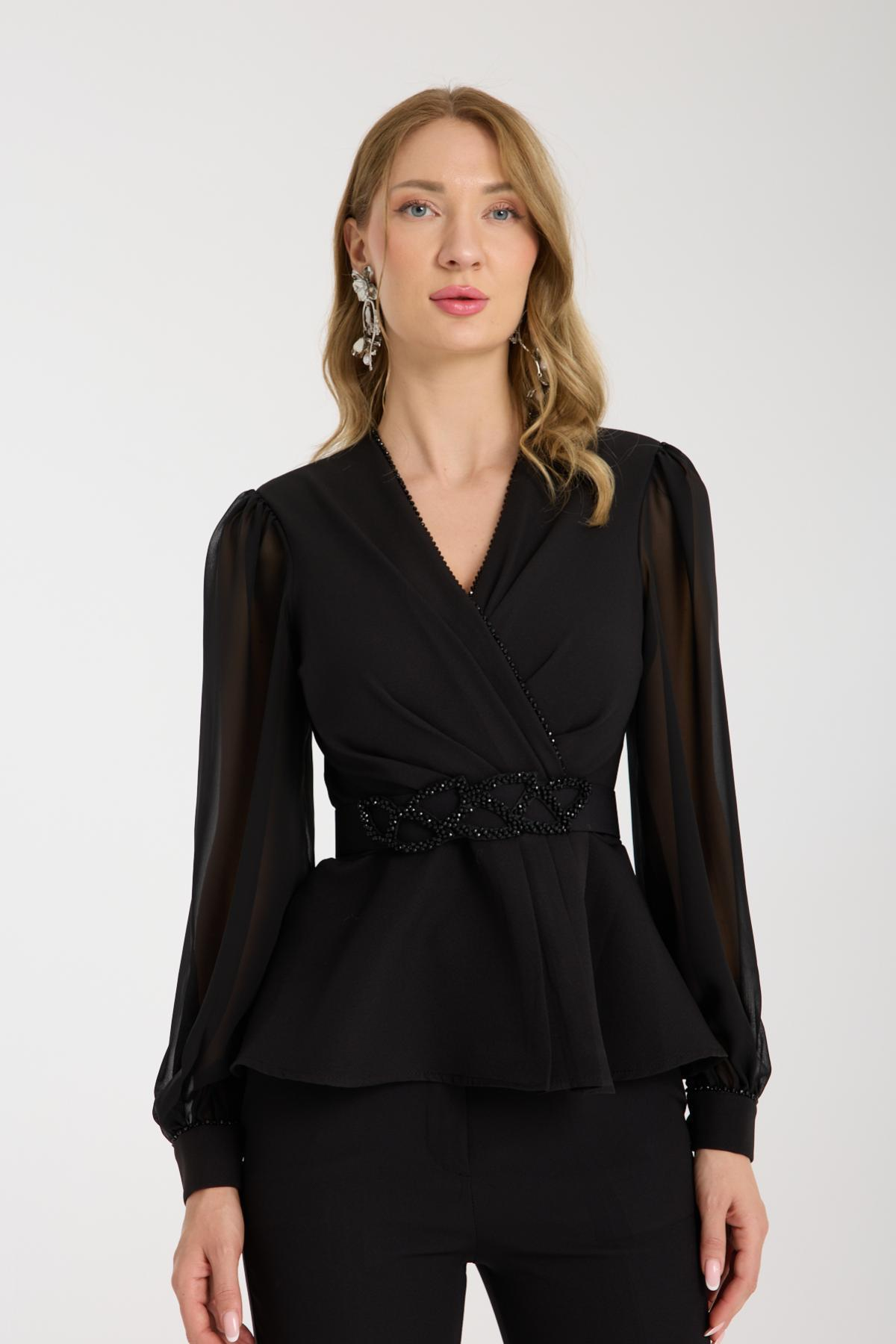 Wholesale Women Black Two-Piece Suit - Wrap Blazer with Chiffon Sleeves paired with Straight Pants 733380
