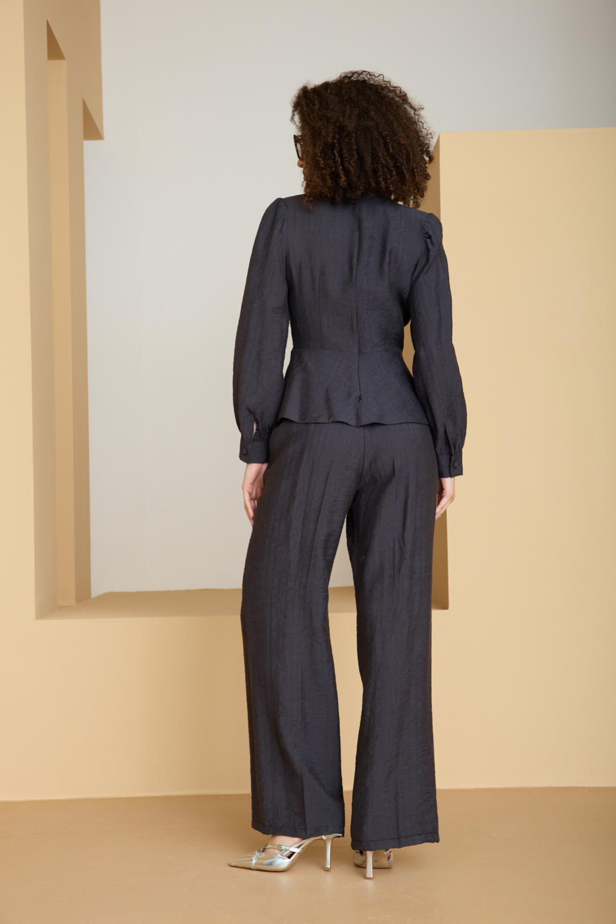 Wholesale Women Black Two Piece Suit - Wrap Blazer with Bishop Sleeves and Wide-Leg Pants Set 729225