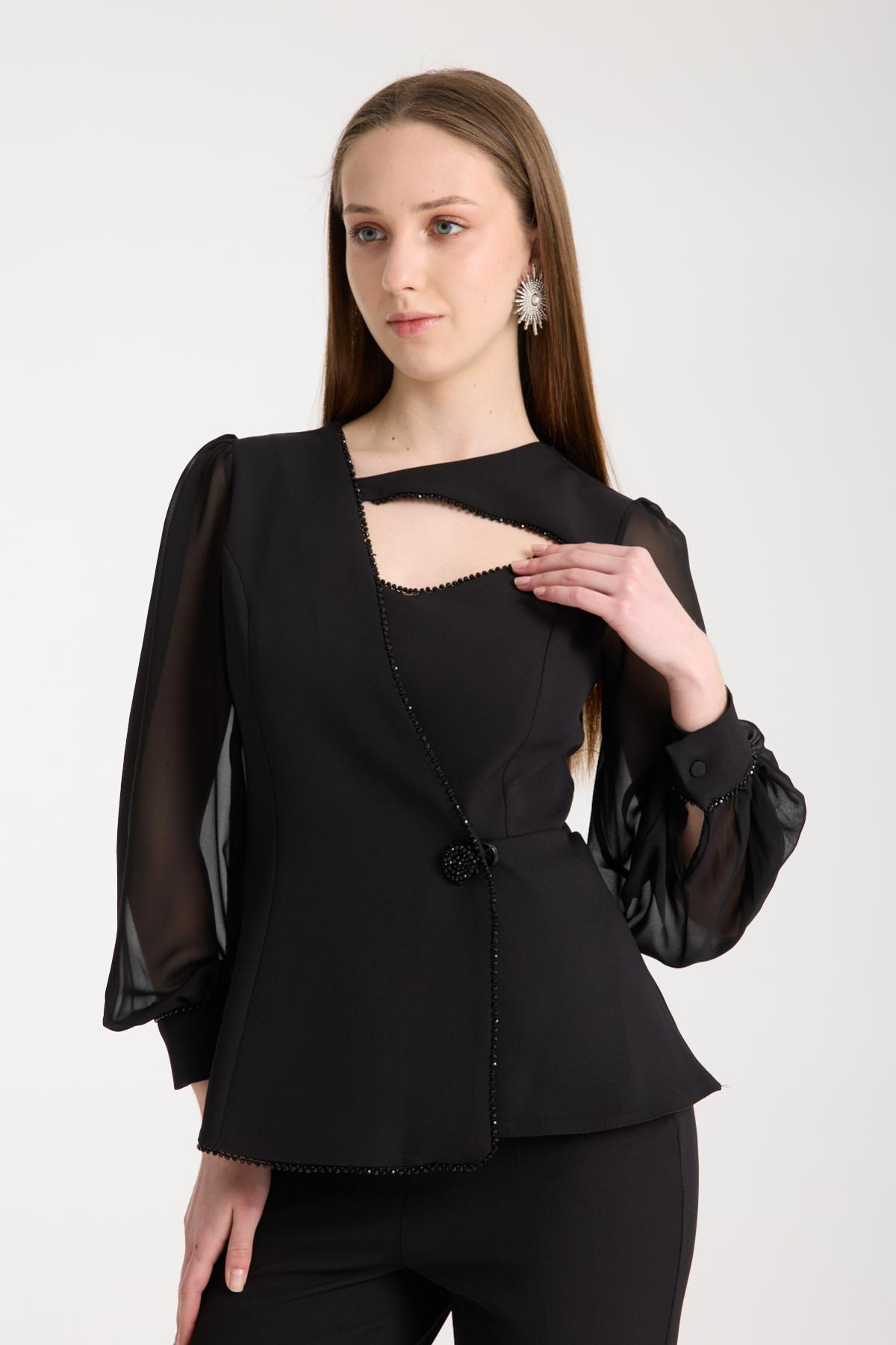 Wholesale Women Black Two-Piece Suit - Wrap Blazer with Chiffon Sleeves paired with Straight Pants 733397