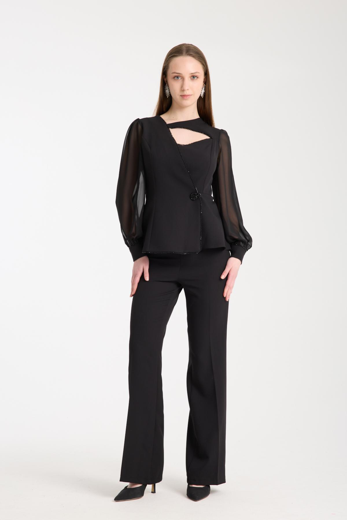 Wholesale Women Black Two-Piece Suit - Wrap Blazer with Chiffon Sleeves paired with Straight Pants 733397