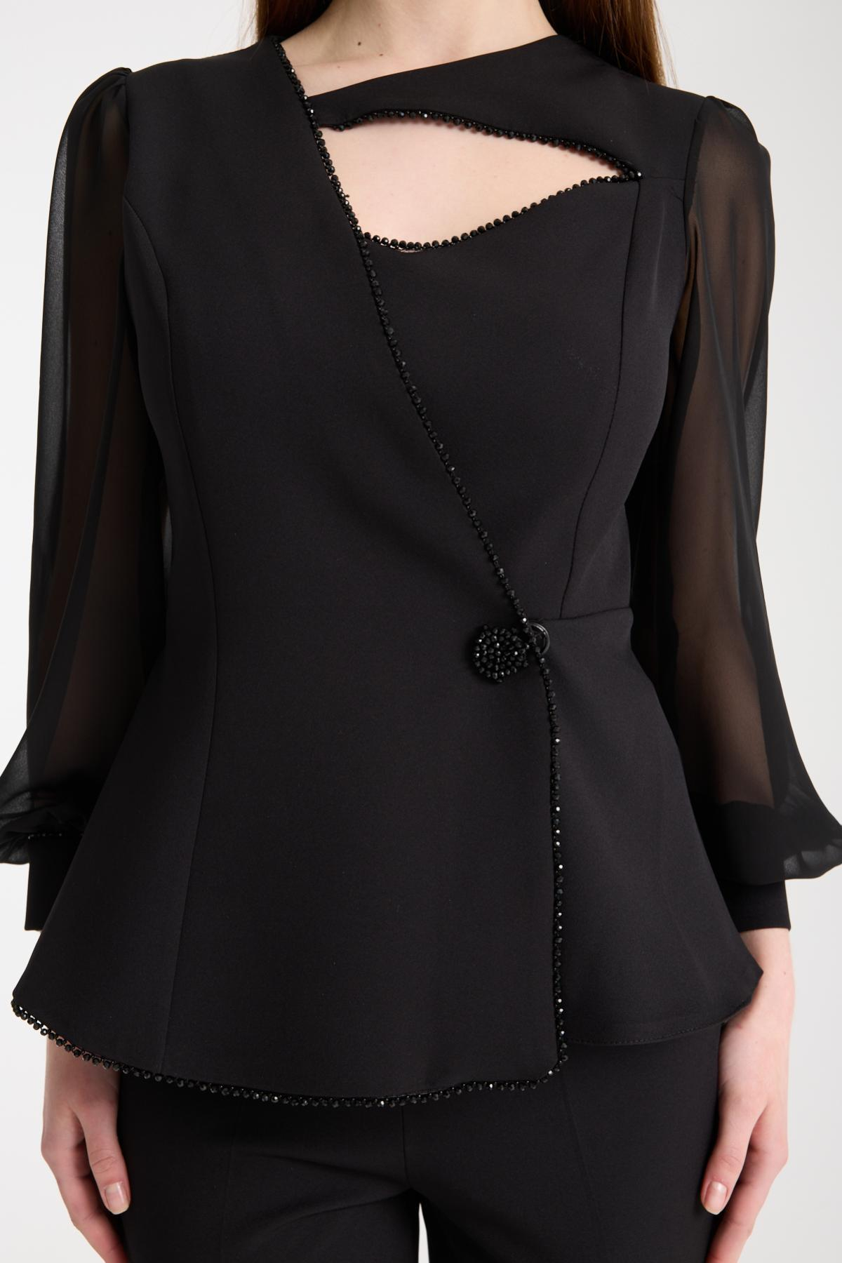 Wholesale Women Black Two-Piece Suit - Wrap Blazer with Chiffon Sleeves paired with Straight Pants 733397