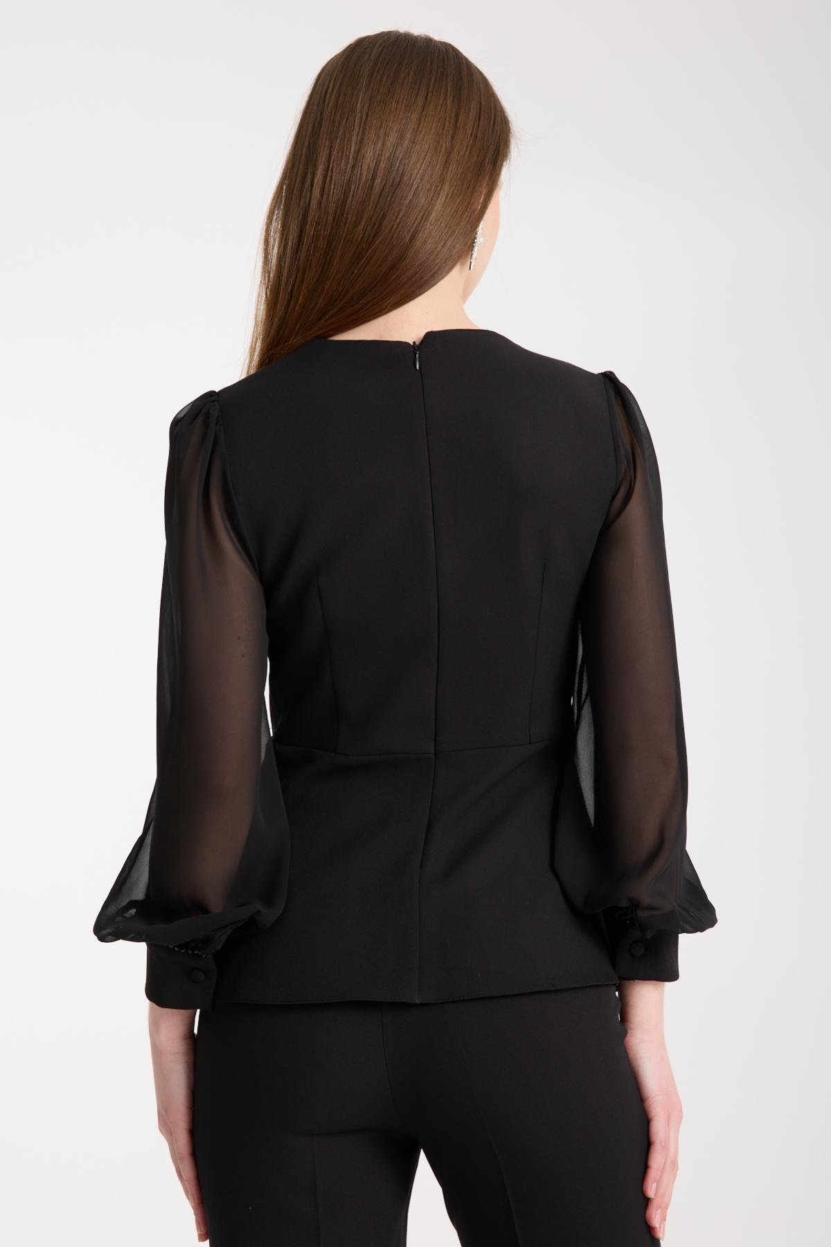 Wholesale Women Black Two-Piece Suit - Wrap Blazer with Chiffon Sleeves paired with Straight Pants 733397