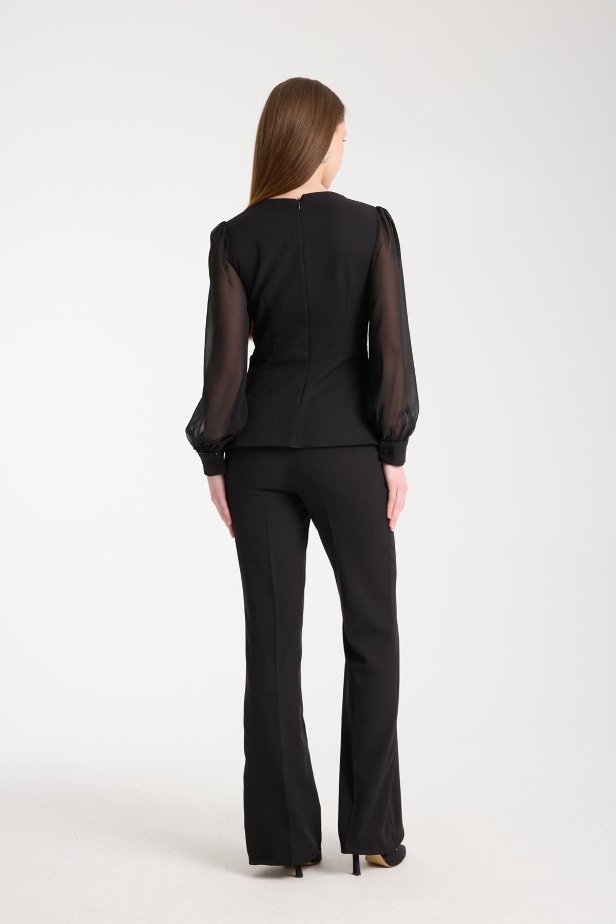Wholesale Women Black Two-Piece Suit - Wrap Blazer with Chiffon Sleeves paired with Straight Pants 733397