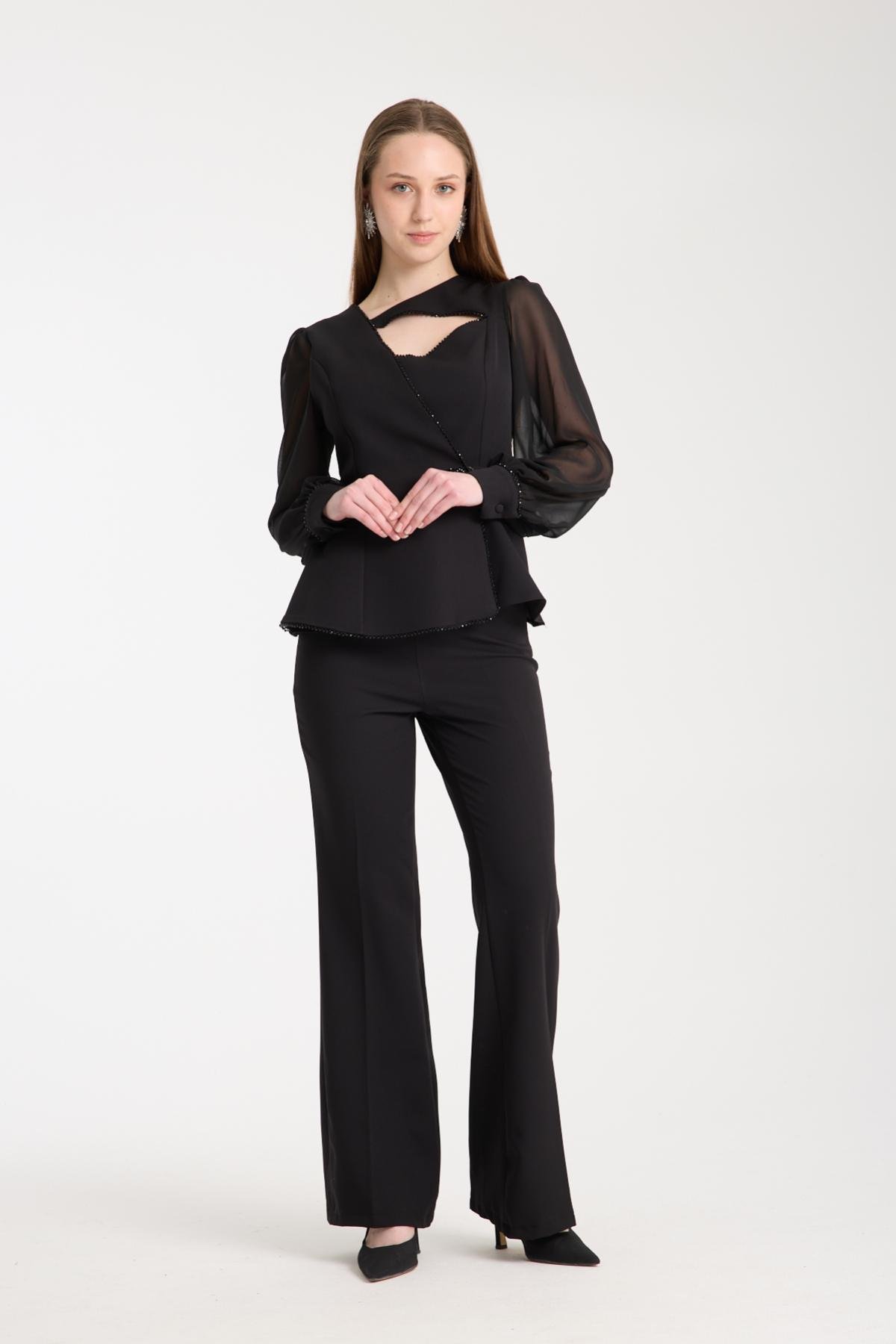 Wholesale Women Black Two-Piece Suit - Wrap Blazer with Chiffon Sleeves paired with Straight Pants 733397
