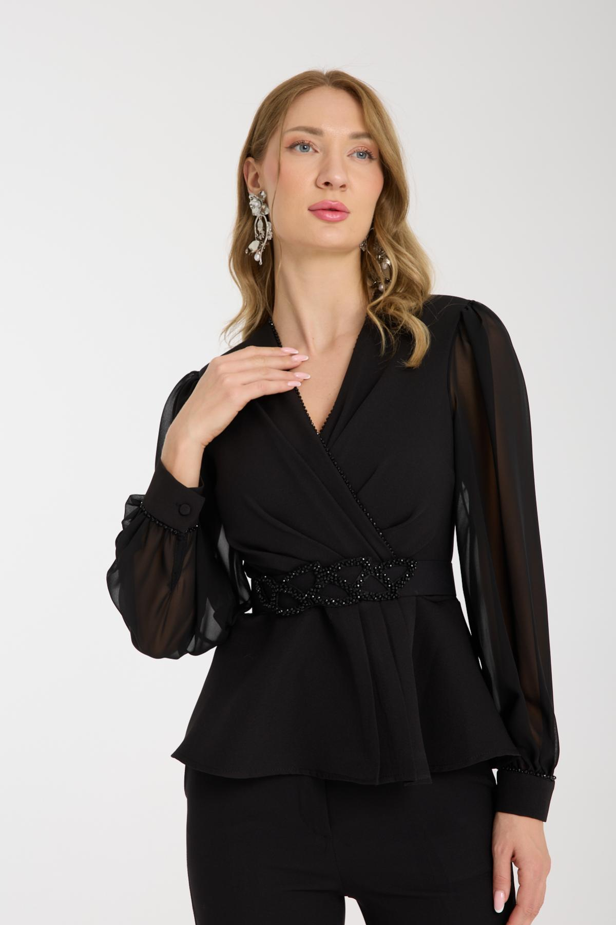 Wholesale Women Black Two-Piece Suit - Wrap Blazer with Chiffon Sleeves paired with Straight Pants 733380