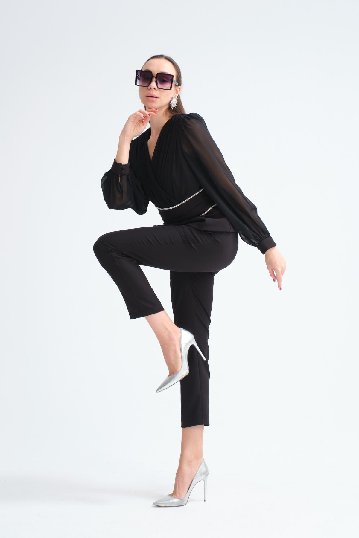 Wholesale Women Black Two Piece Suits Chiffon Sleeves Jacket and Slim Fit Pants Set 716492