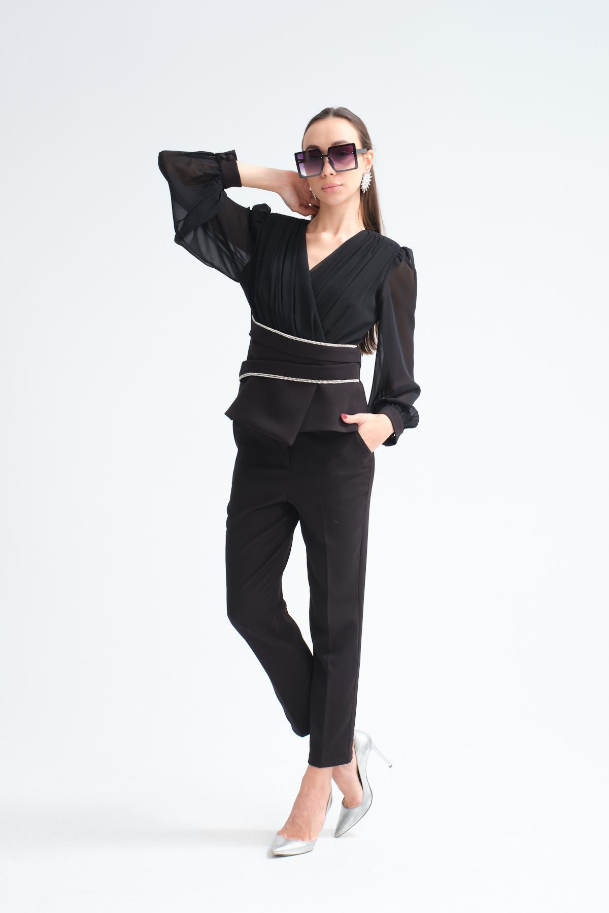 Wholesale Women Black Two Piece Suits Chiffon Sleeves Jacket and Slim Fit Pants Set 716492
