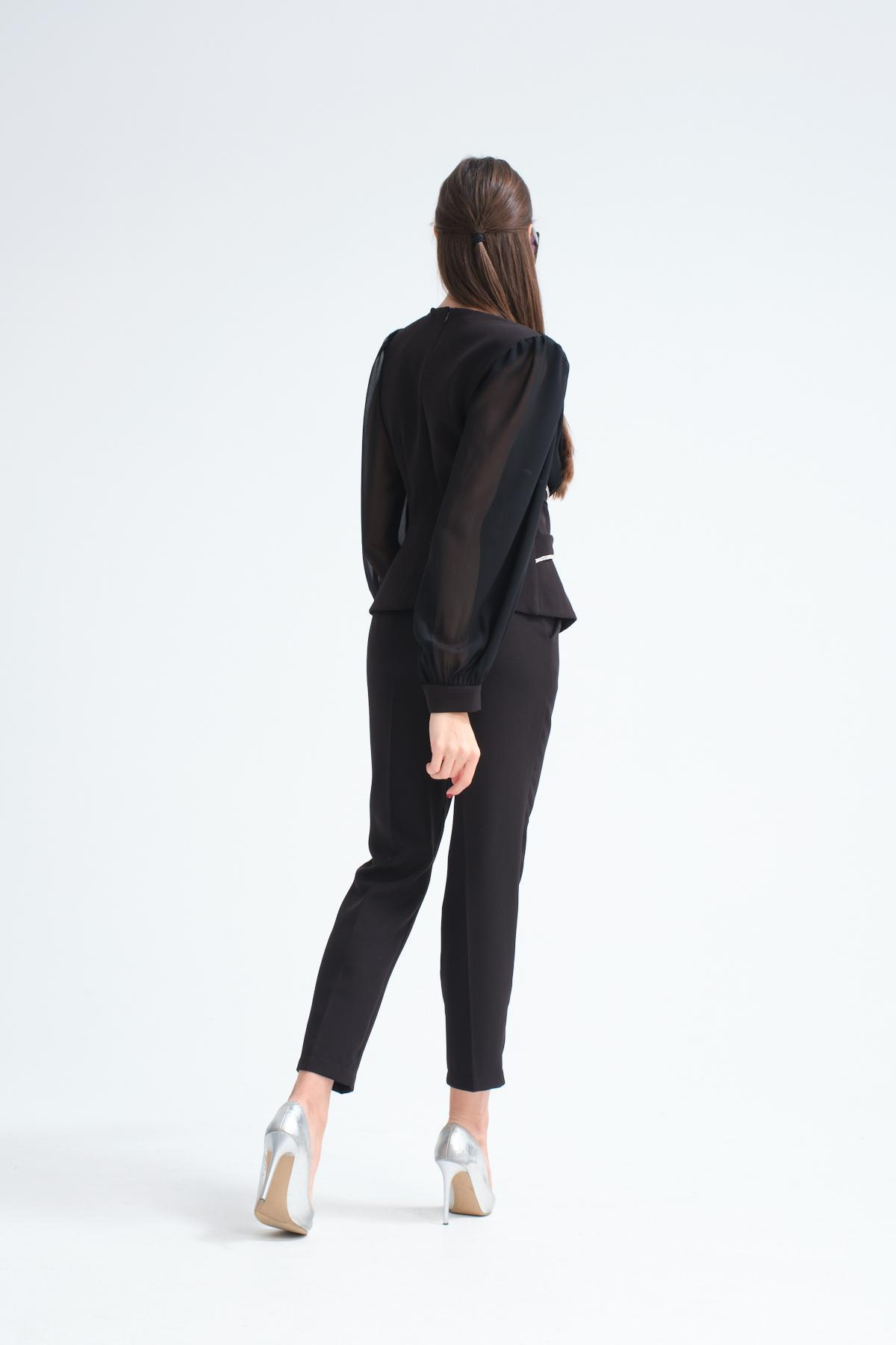 Wholesale Women Black Two Piece Suits Chiffon Sleeves Jacket and Slim Fit Pants Set 716492