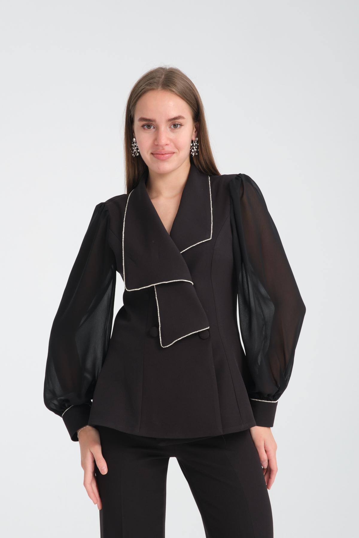 Wholesale Women Black Two Piece Suits Chiffon Sleeves Jacket and Flared Pants Set 716490