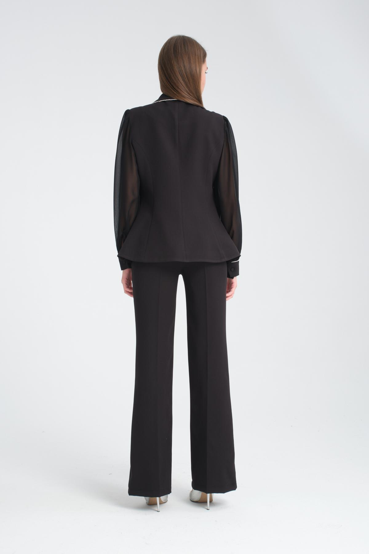 Wholesale Women Black Two Piece Suits Chiffon Sleeves Jacket and Flared Pants Set 716490