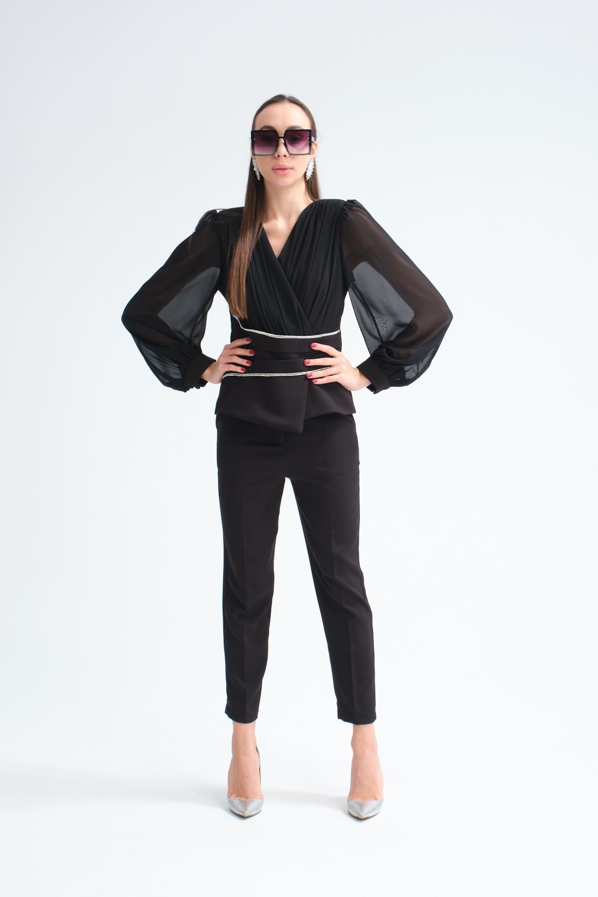 Wholesale Women Black Two Piece Suits Chiffon Sleeves Jacket and Slim Fit Pants Set 716492