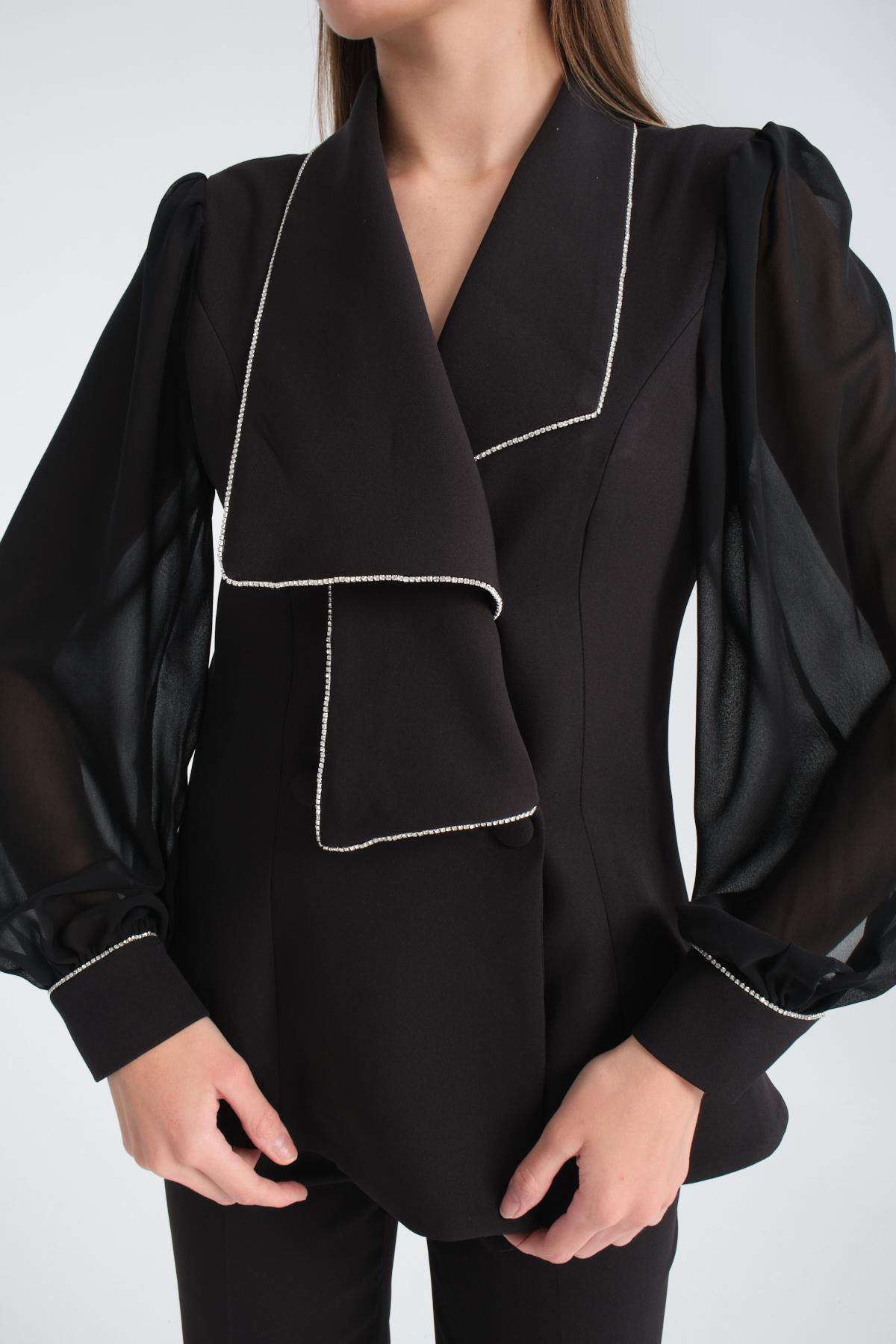 Wholesale Women Black Two Piece Suits Chiffon Sleeves Jacket and Flared Pants Set 716490