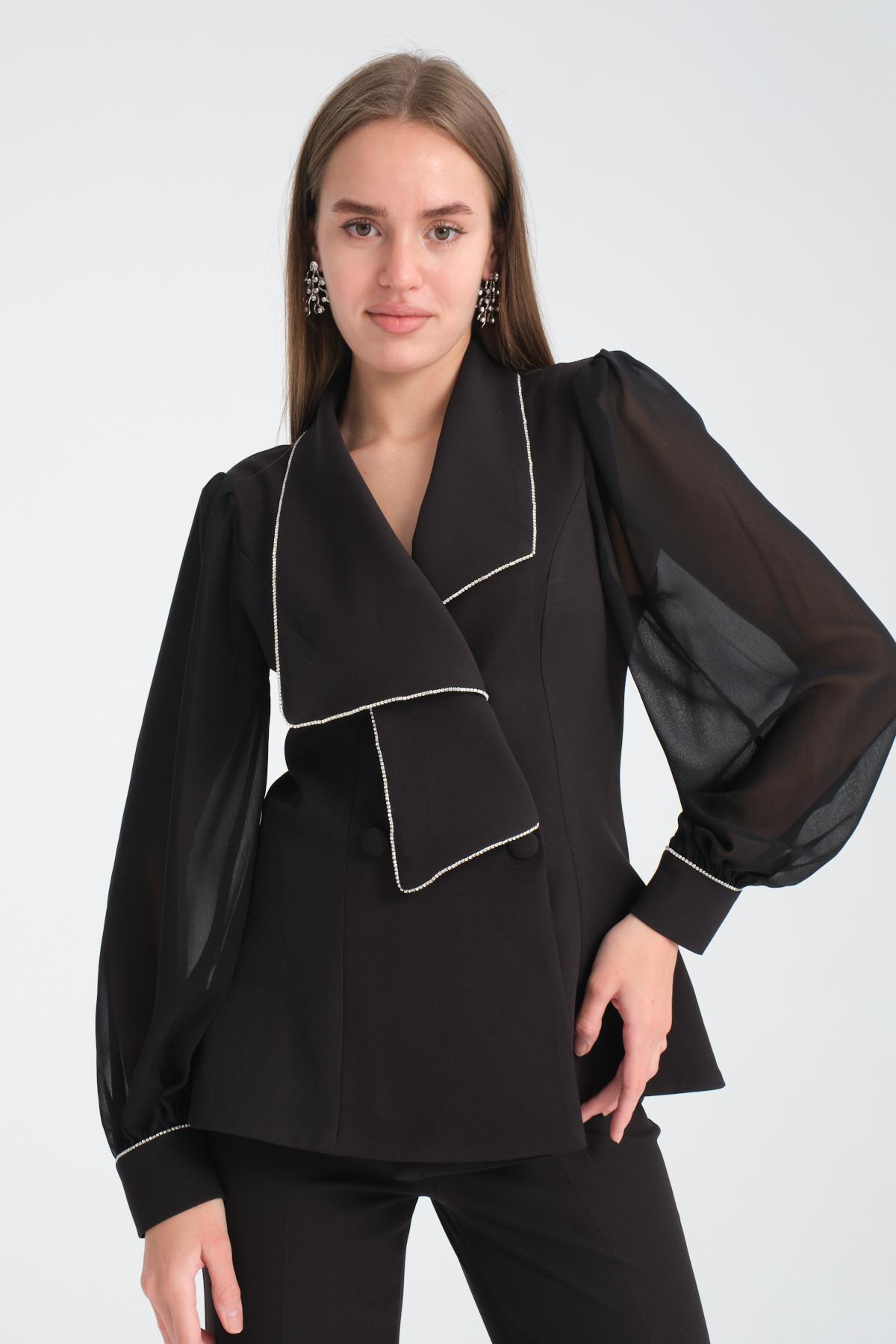 Wholesale Women Black Two Piece Suits Chiffon Sleeves Jacket and Flared Pants Set 716490