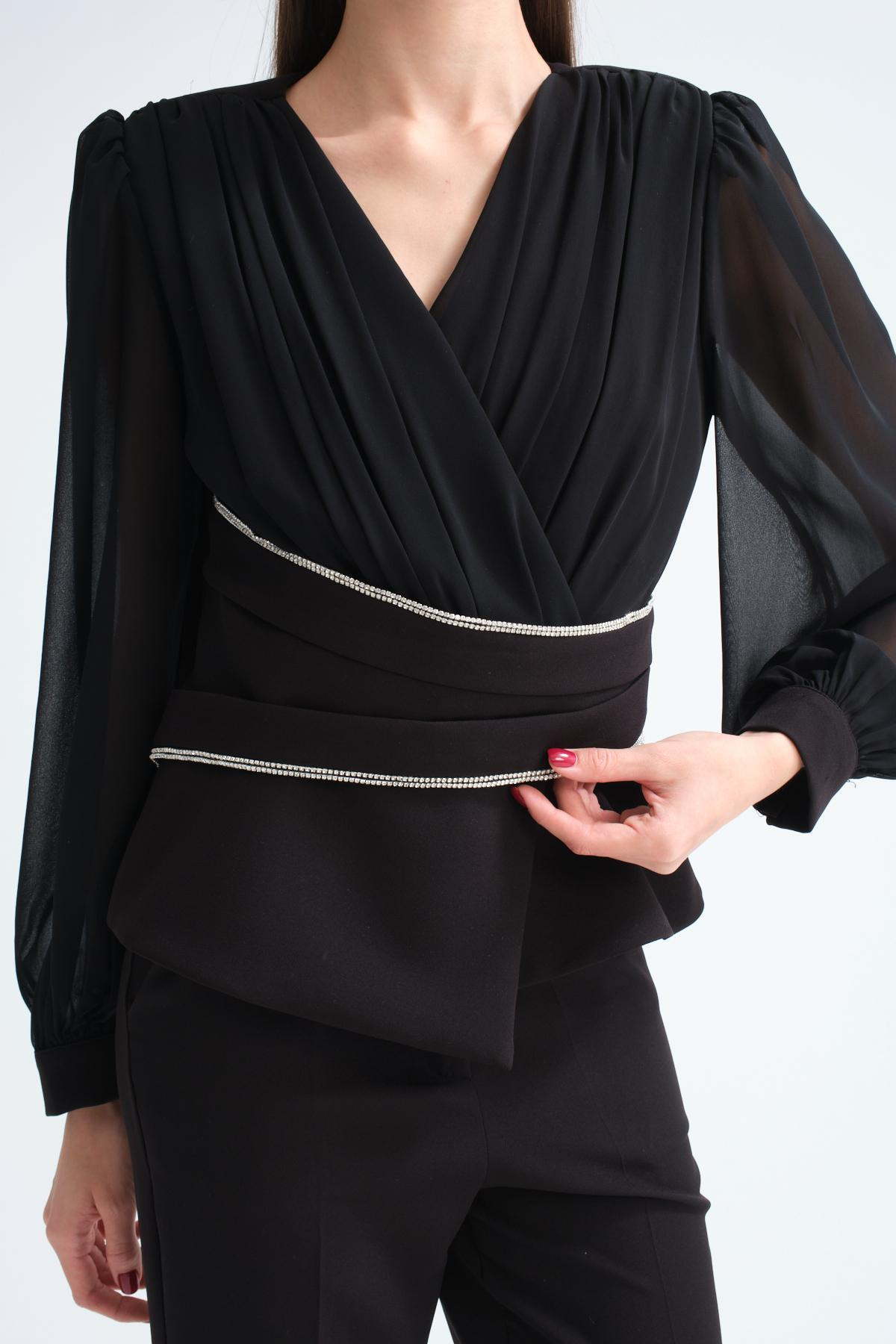 Wholesale Women Black Two Piece Suits Chiffon Sleeves Jacket and Slim Fit Pants Set 716492