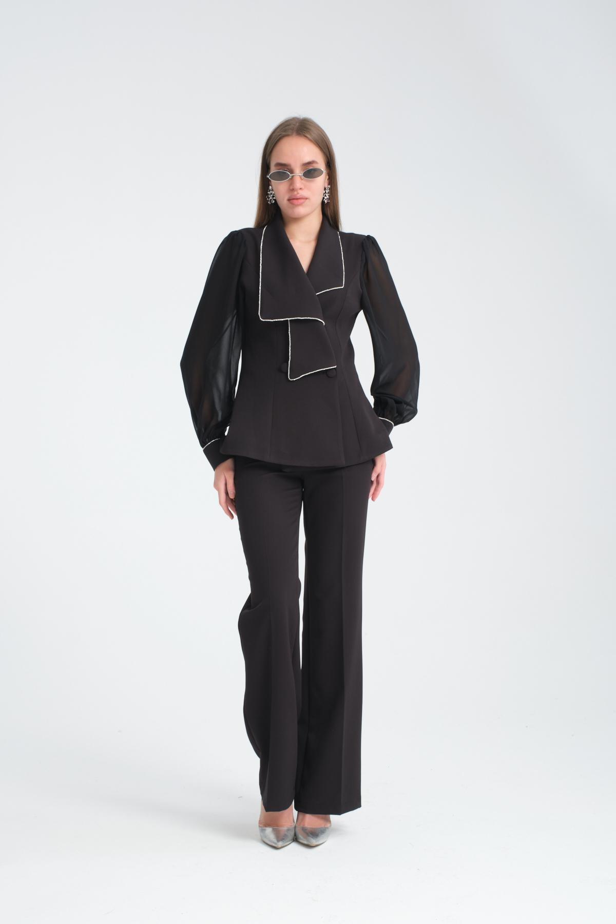 Wholesale Women Black Two Piece Suits Chiffon Sleeves Jacket and Flared Pants Set 716490