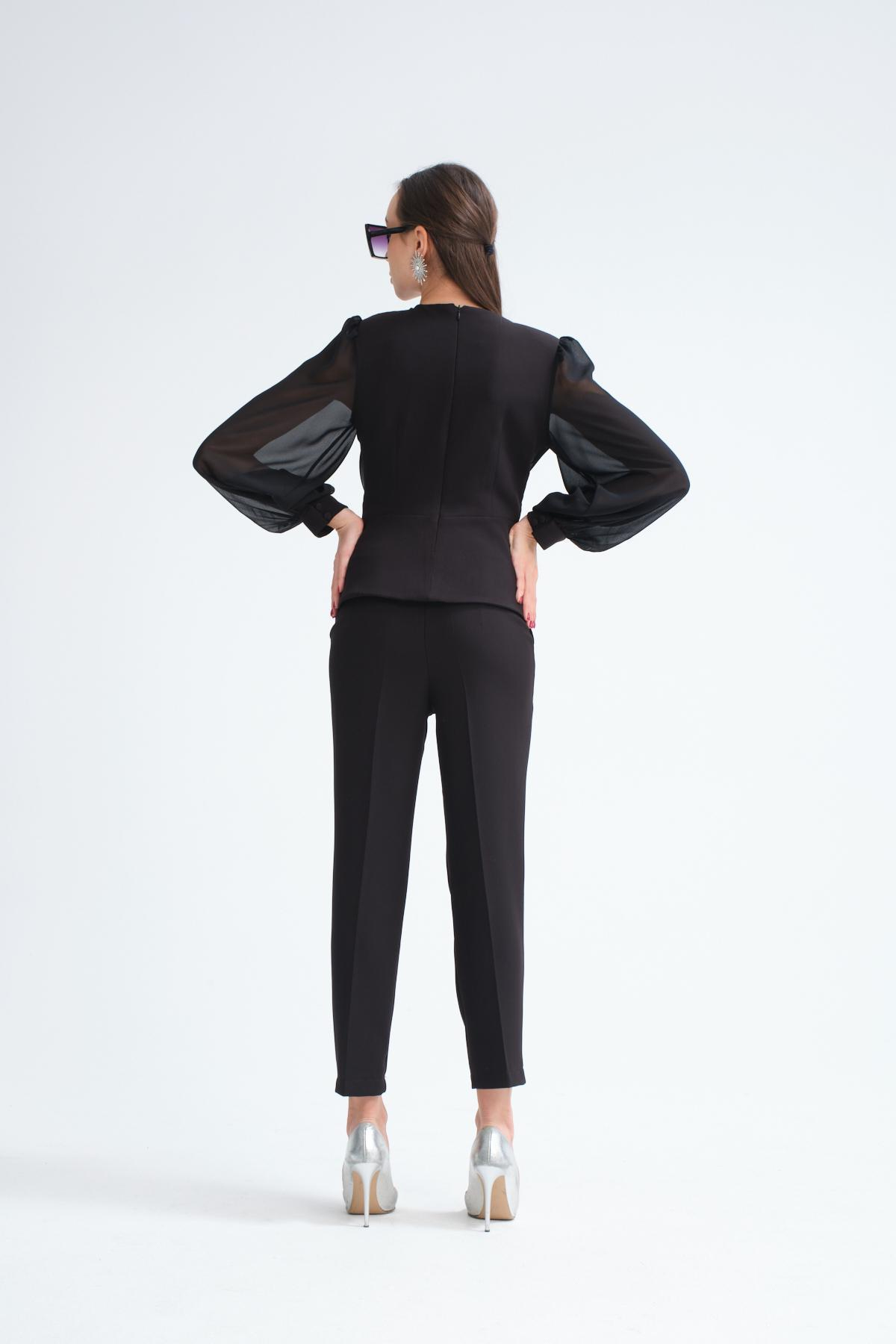 Wholesale Women Black Two Piece Suits Chiffon Sleeves Jacket and Slim Fit Pants Set 716492