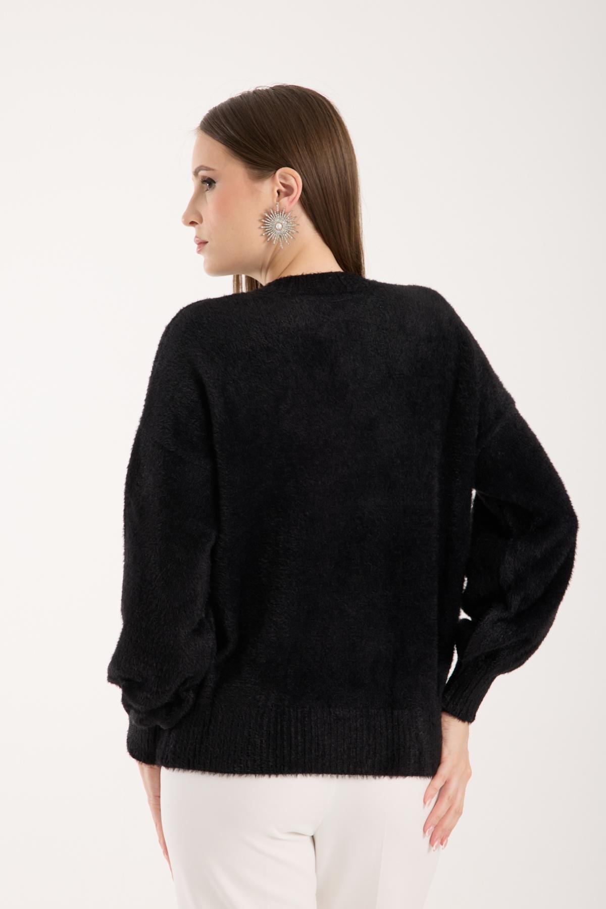 Wholesale Women Black V-Neck Knit Blouse with Rhinestone and Pearl Embellishments 738878
