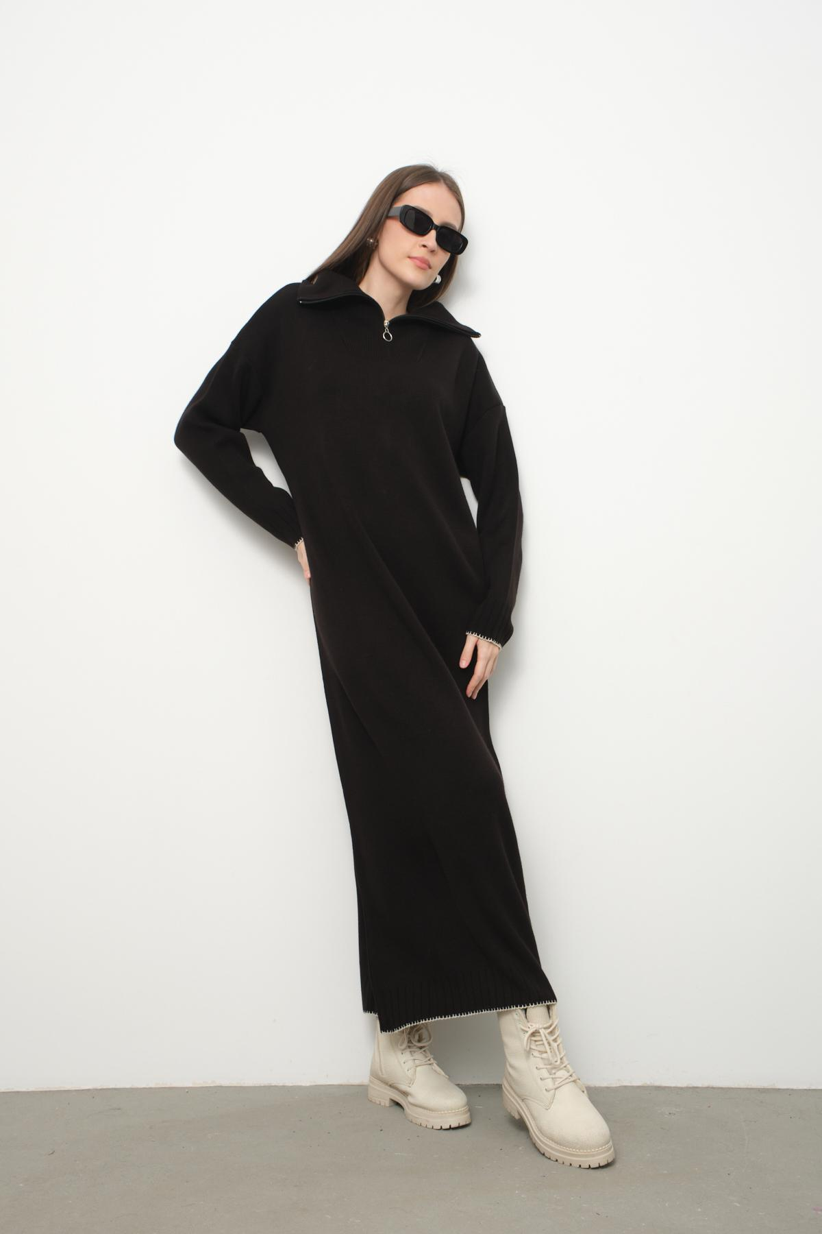 Wholesale Women Black Zip-Neck Knitted Maxi Dresses 710104