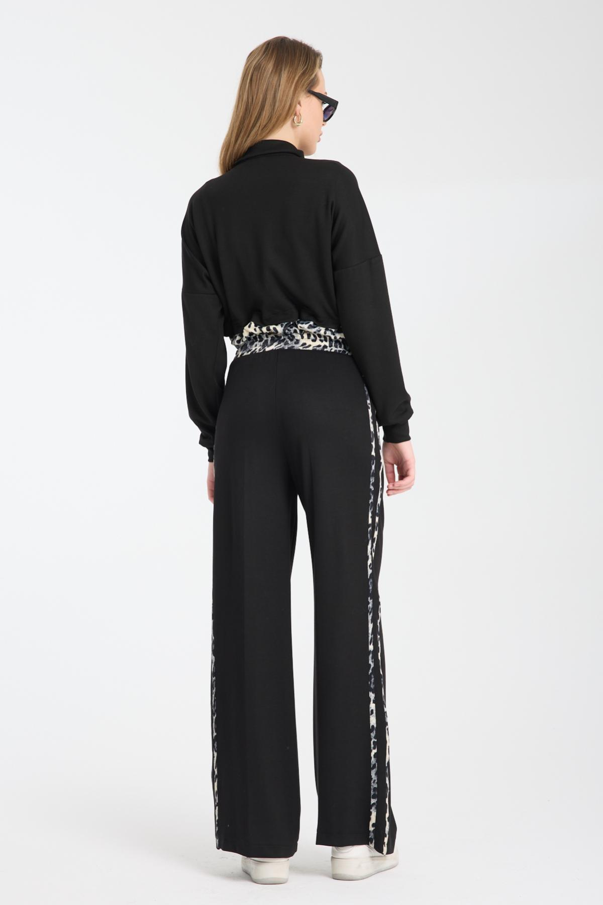 Wholesale Women Black Zip Up Jacket with Flap Pockets and Side Stripes Pants Set 729230