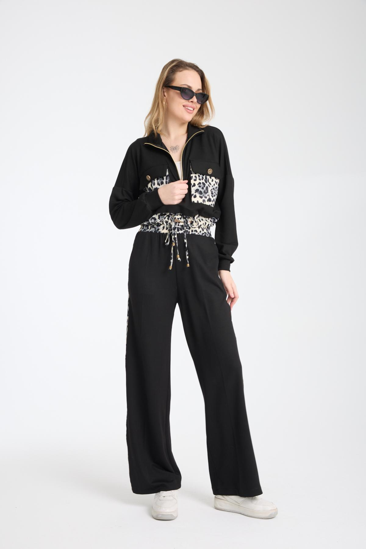 Wholesale Women Black Zip Up Jacket with Flap Pockets and Side Stripes Pants Set 729230