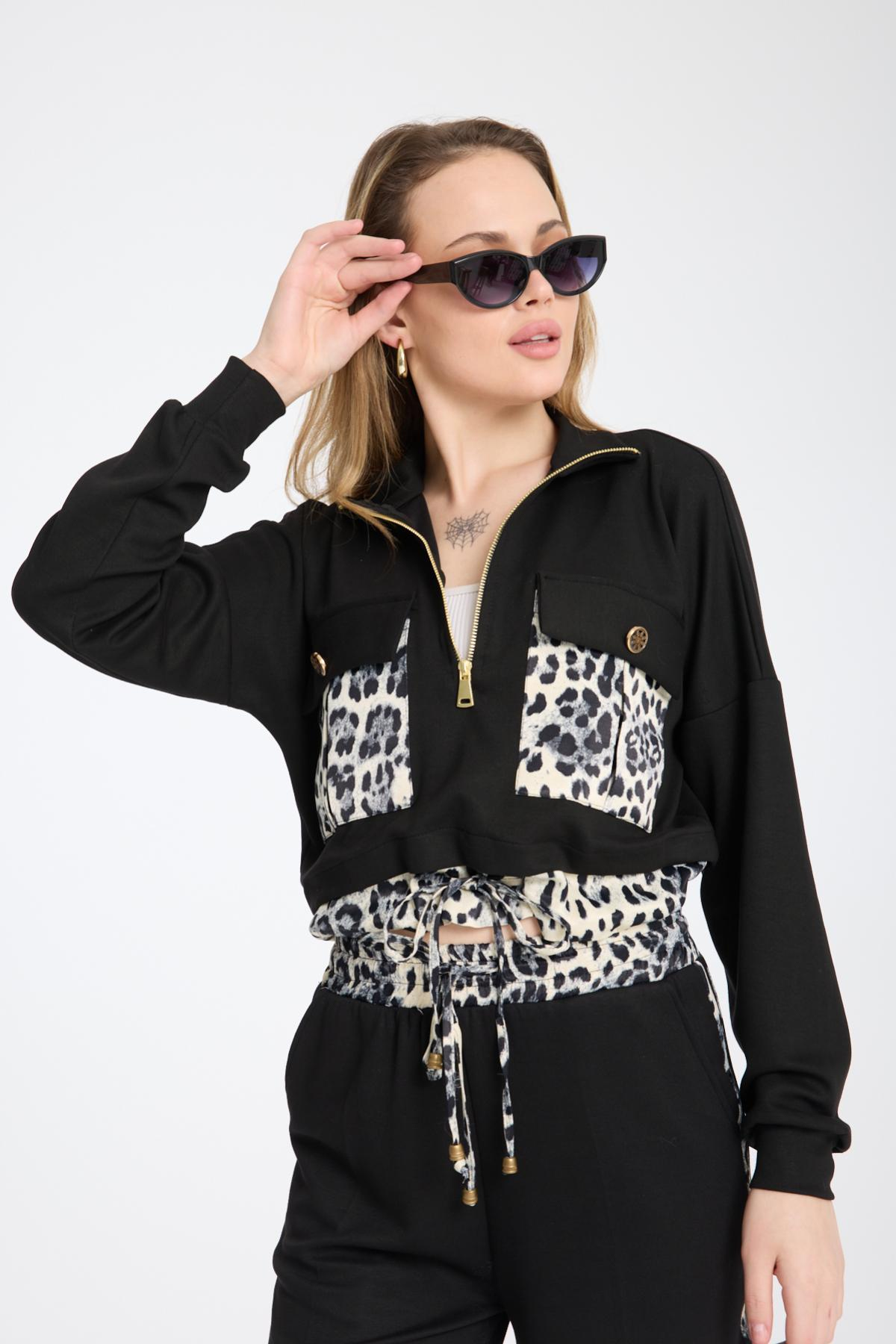 Wholesale Women Black Zip Up Jacket with Flap Pockets and Side Stripes Pants Set 729230
