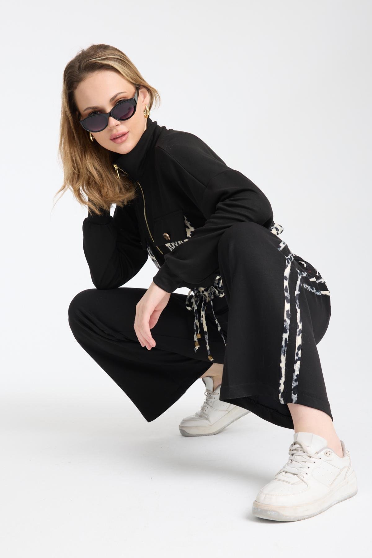 Wholesale Women Black Zip Up Jacket with Flap Pockets and Side Stripes Pants Set 729230