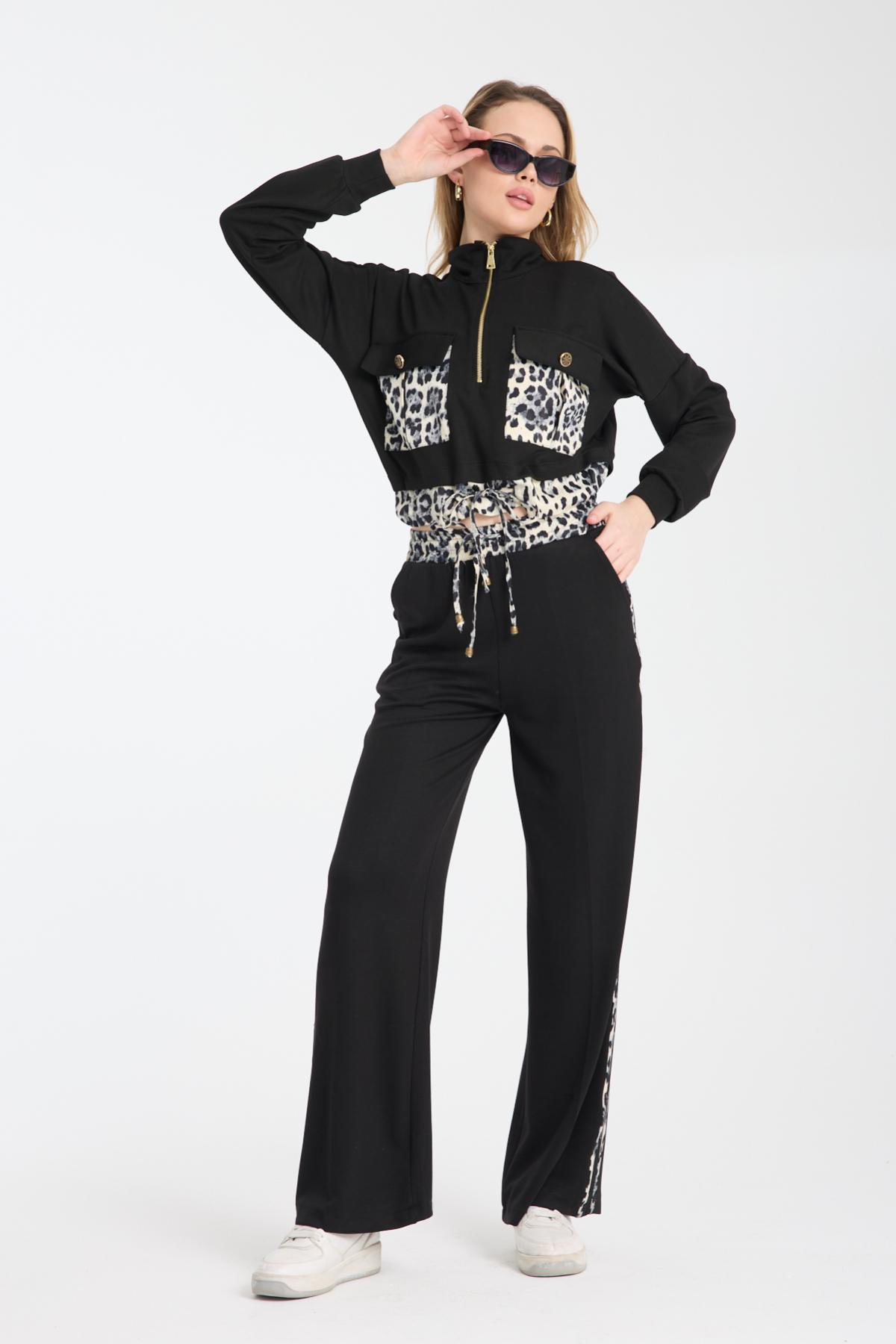 Wholesale Women Black Zip Up Jacket with Flap Pockets and Side Stripes Pants Set 729230