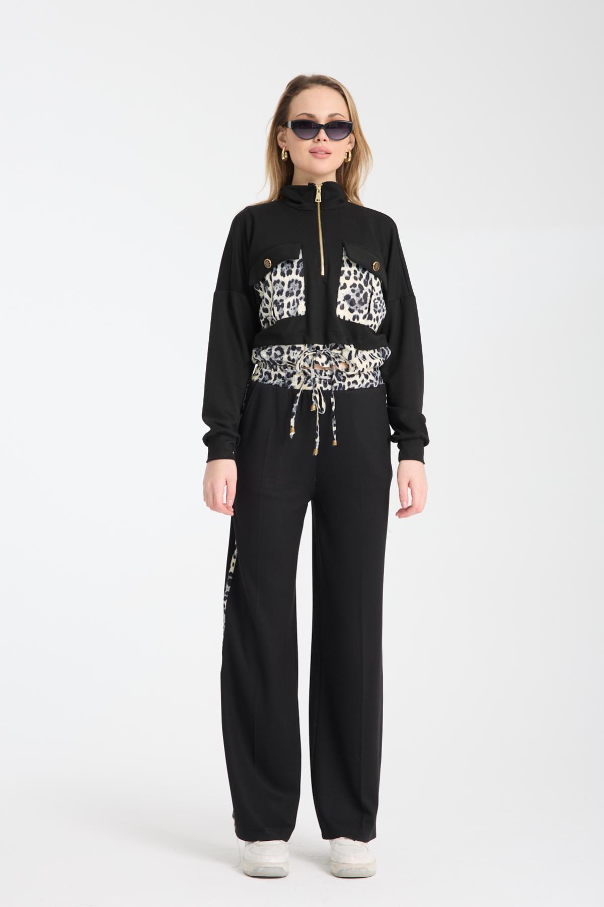 Wholesale Women Black Zip Up Jacket with Flap Pockets and Side Stripes Pants Set 729230