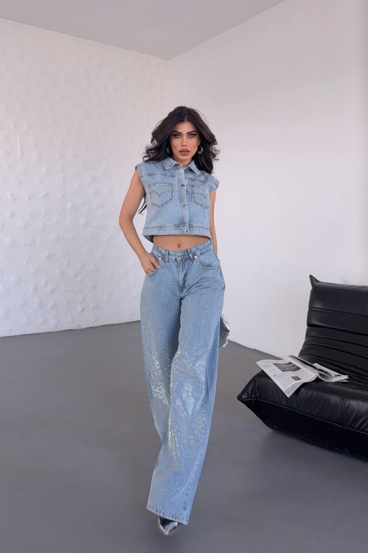 Wholesale Women Blue Denim Vested Stoned Suit 732071