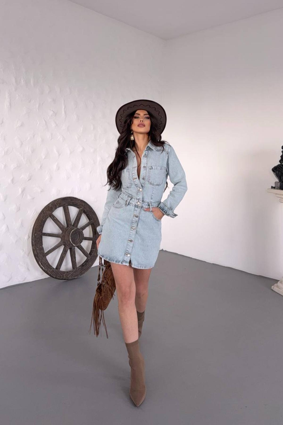 Wholesale Women Blue Front Button Mini Denim Dress 732097