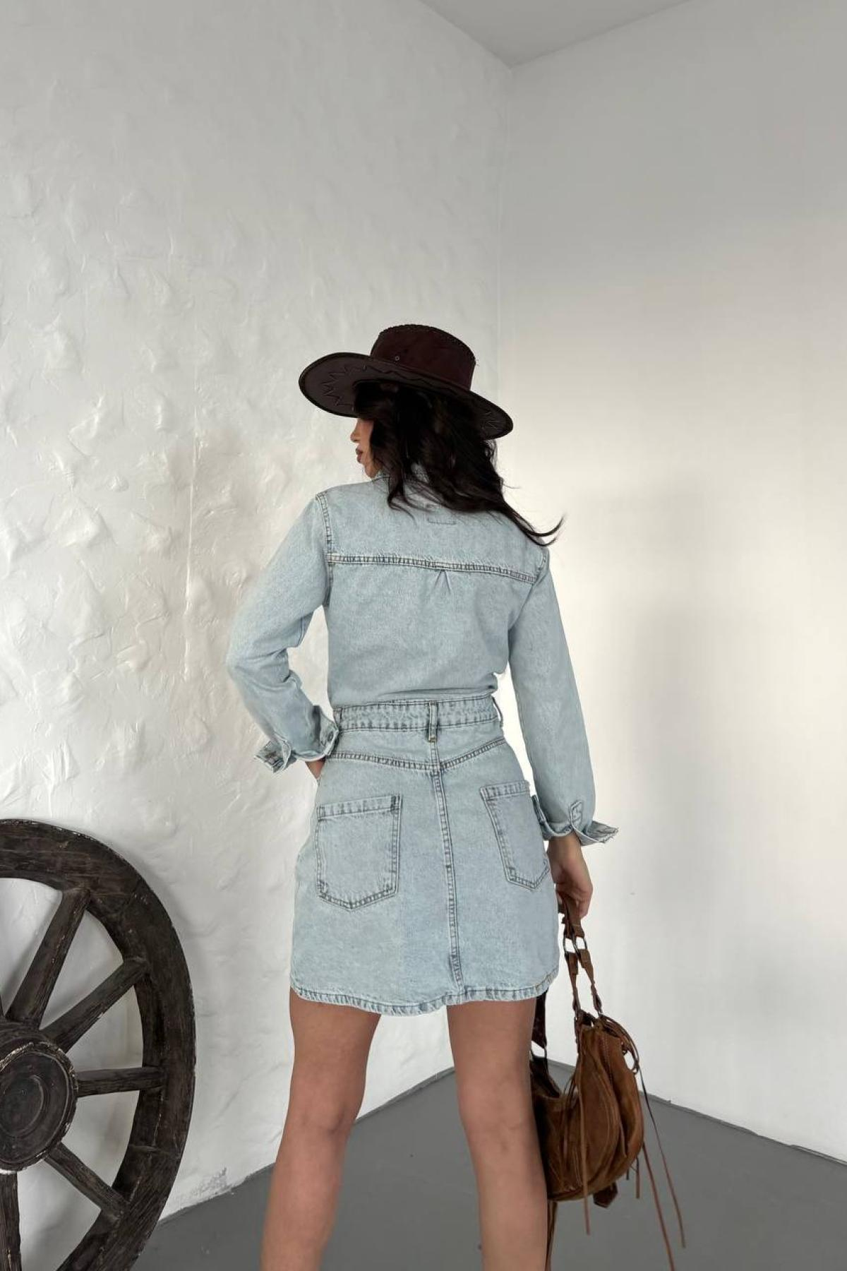 Wholesale Women Blue Front Button Mini Denim Dress 732097