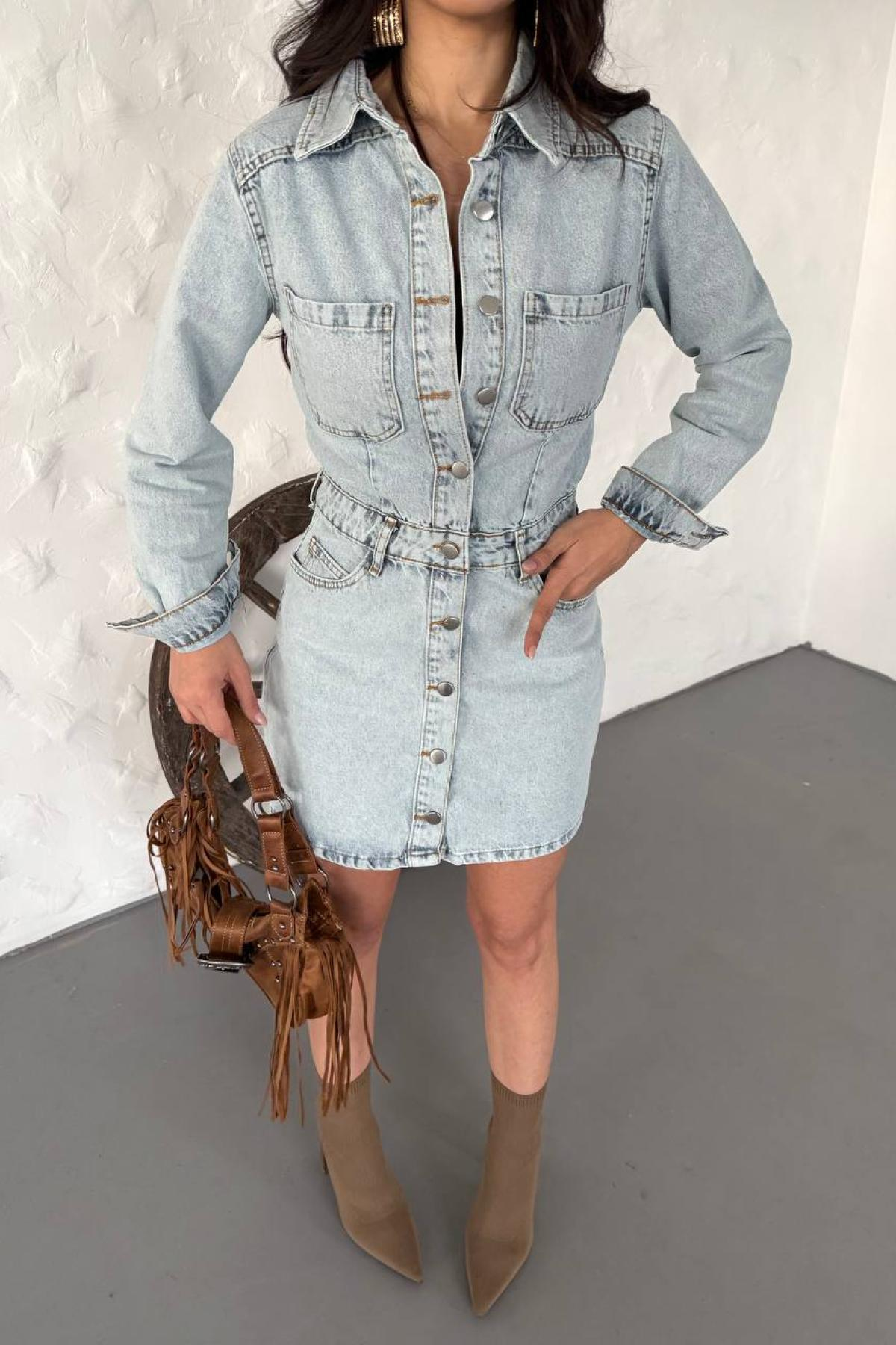 Wholesale Women Blue Front Button Mini Denim Dress 732097