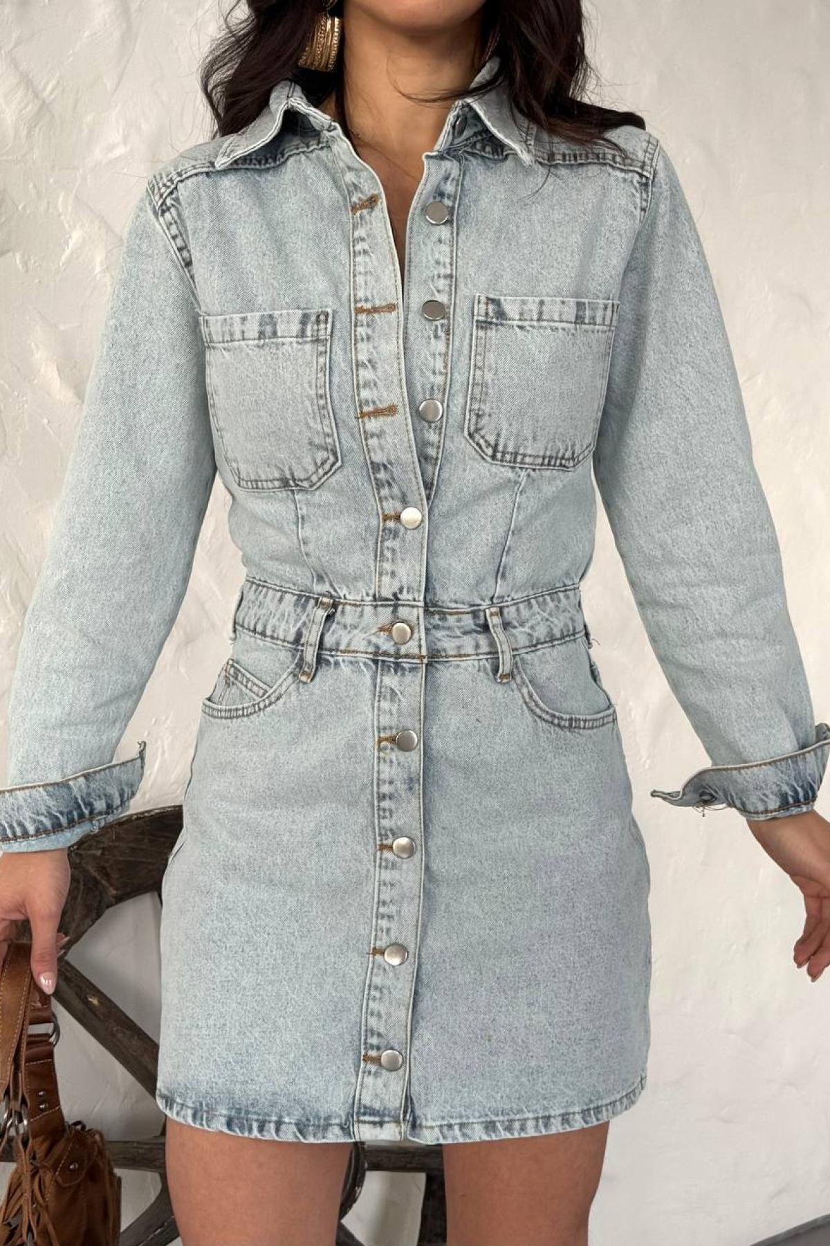 Wholesale Women Blue Front Button Mini Denim Dress 732097