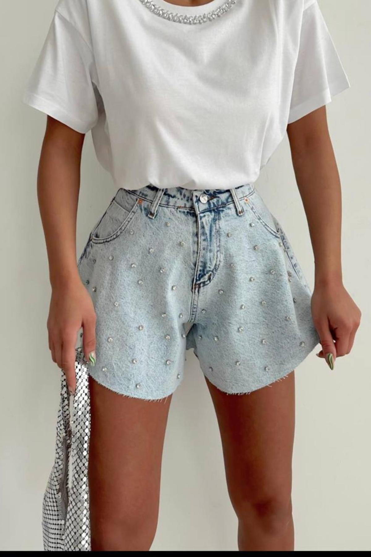 Wholesale Women Blue Sprinkle Stone Shorts 732092