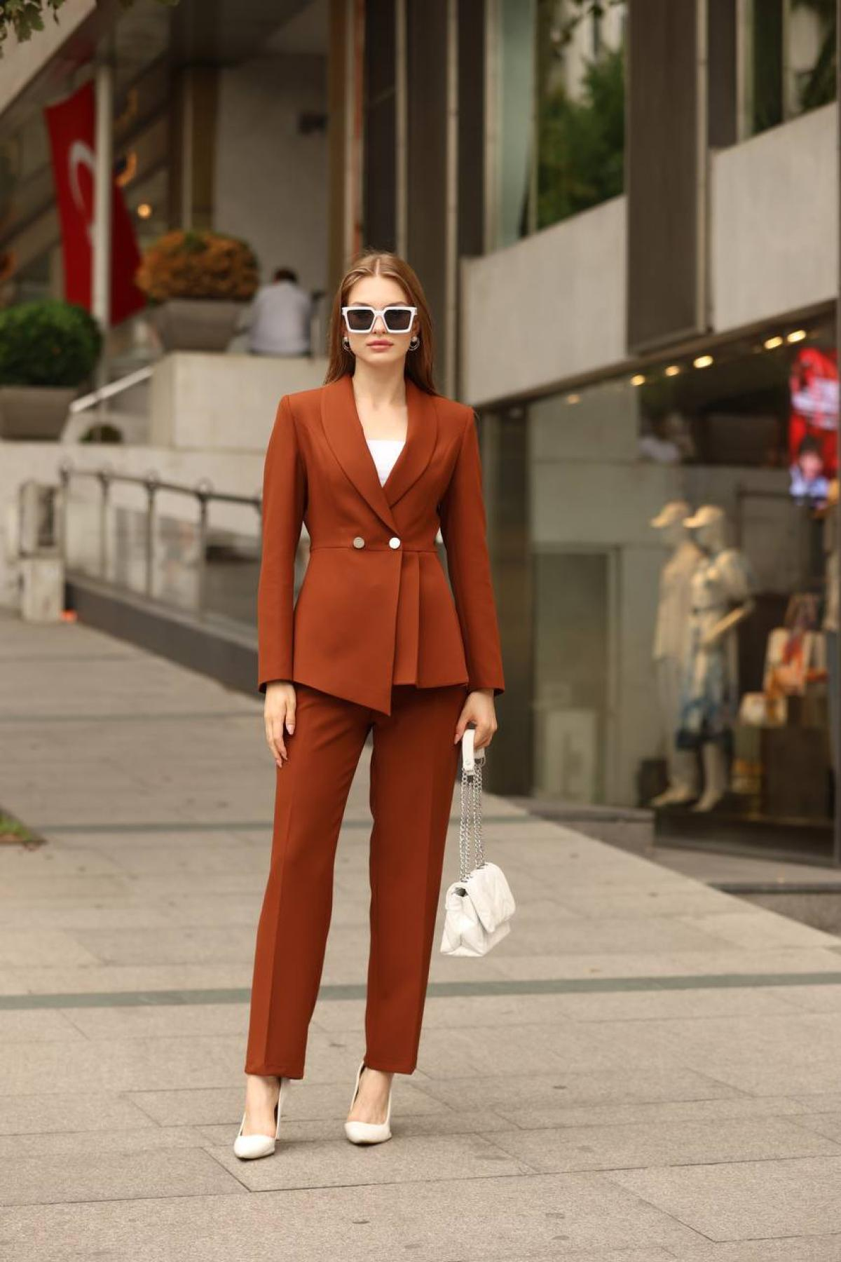 Wholesale Women Brick Two Piece Suit Blazer and Pants Set 718361