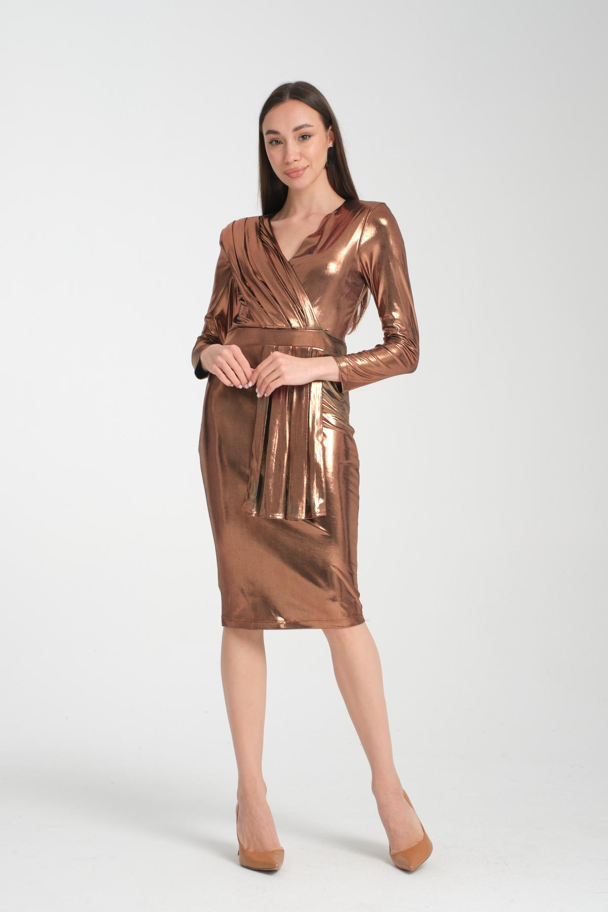 Wholesale Women Bronze Brown Gathered Shoulder V Neck Metallic Effect Dress 719926