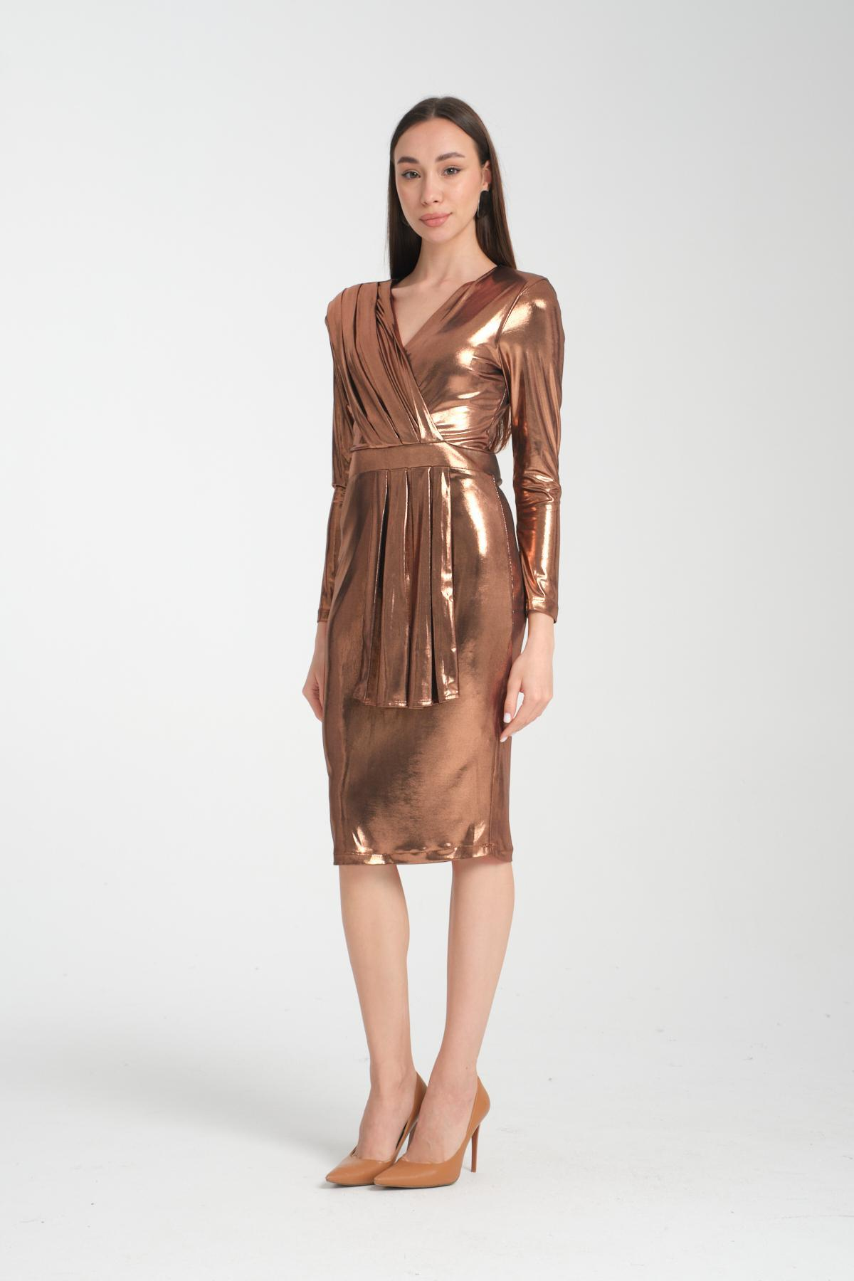 Wholesale Women Bronze Brown Gathered Shoulder V Neck Metallic Effect Dress 719926