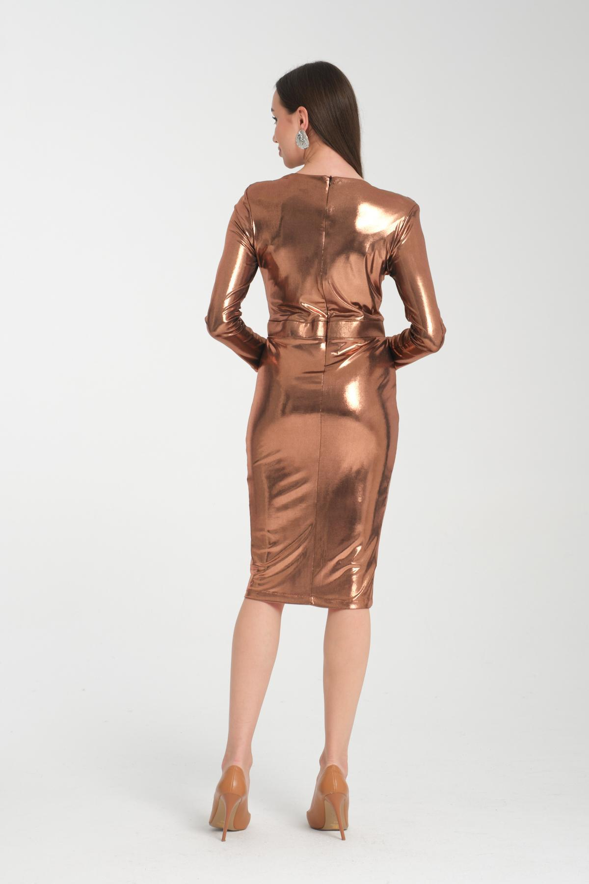 Wholesale Women Bronze Brown Gathered Shoulder V Neck Metallic Effect Dress 719926