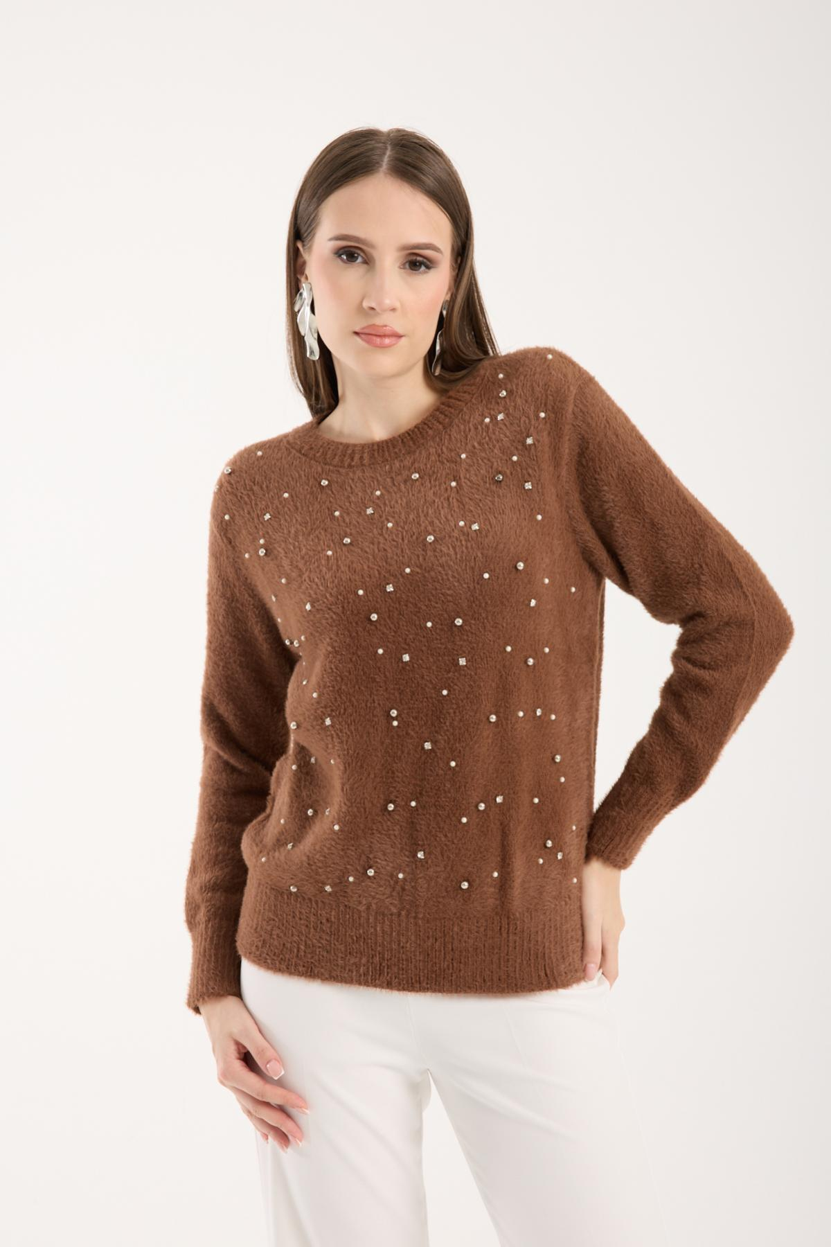 Wholesale Women Brown Crew-Neck Knit Blouse with Rhinestone and Pearl Embellishments 738888