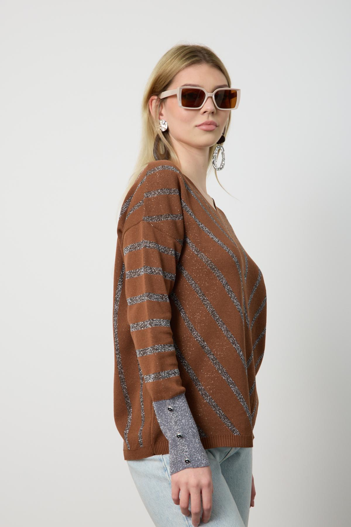 Wholesale Women Brown Glitter V Neck Knit Blouse with Buttons on Sleeves 724826
