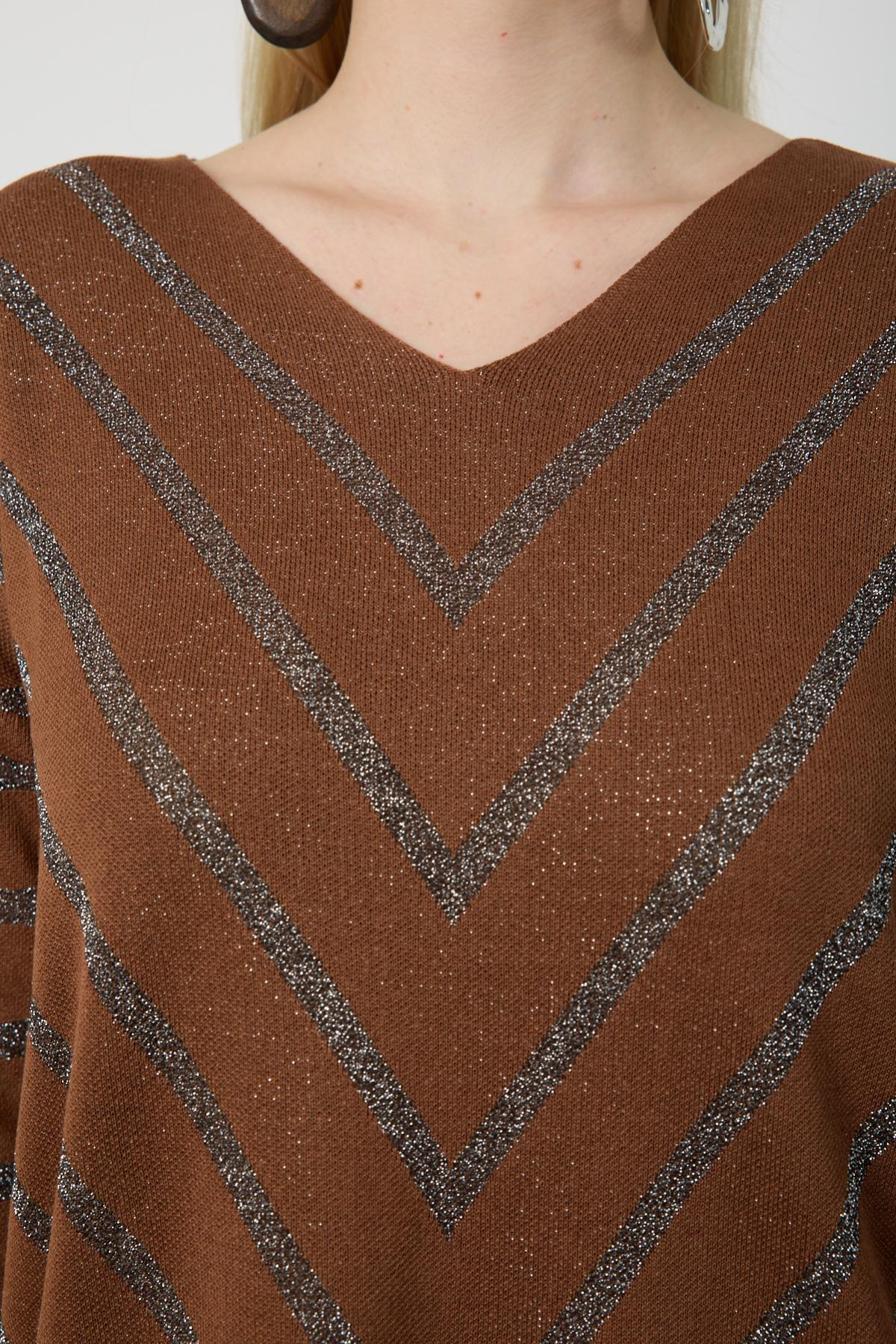 Wholesale Women Brown Glitter V Neck Knit Blouse with Buttons on Sleeves 724826