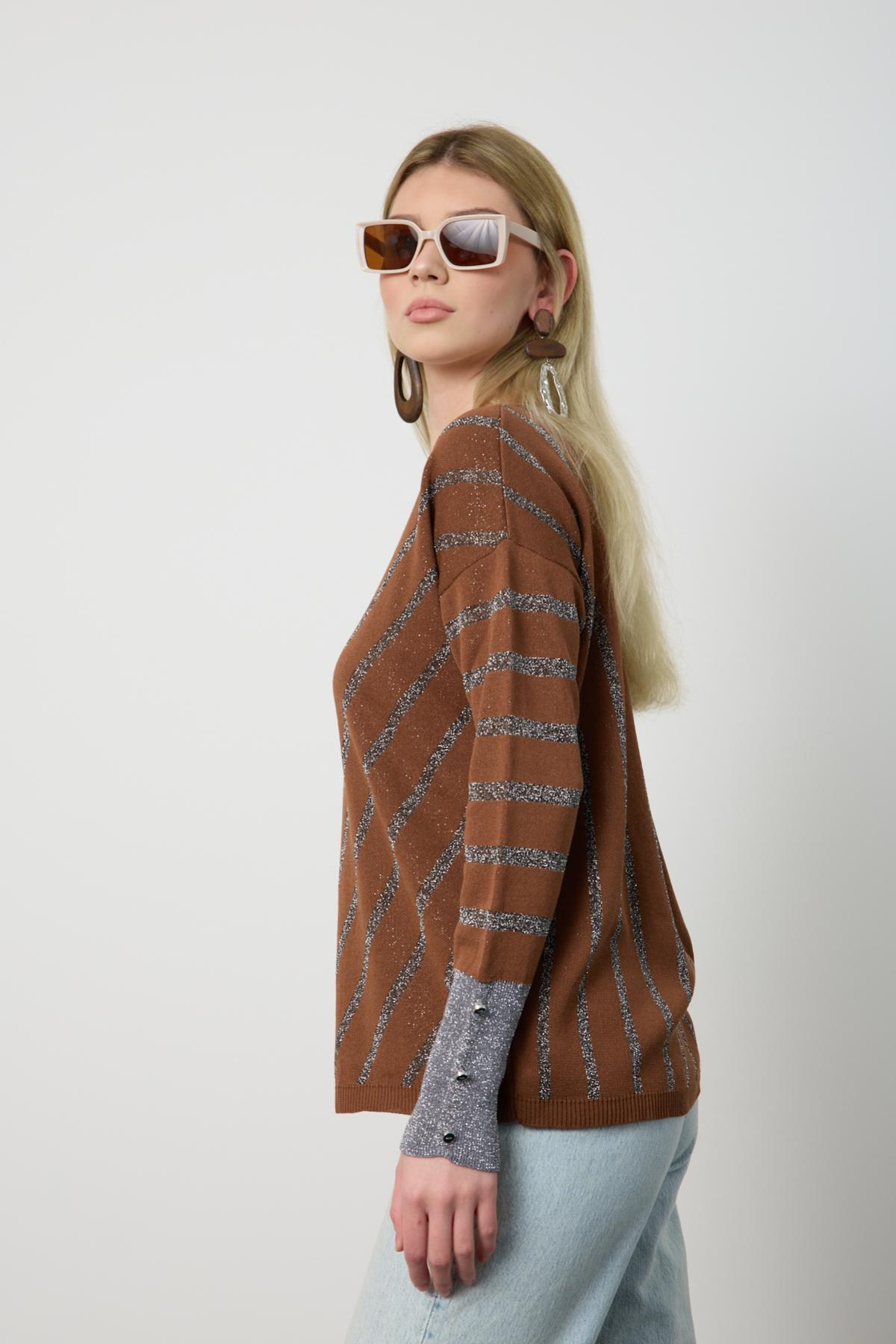 Wholesale Women Brown Glitter V Neck Knit Blouse with Buttons on Sleeves 724826